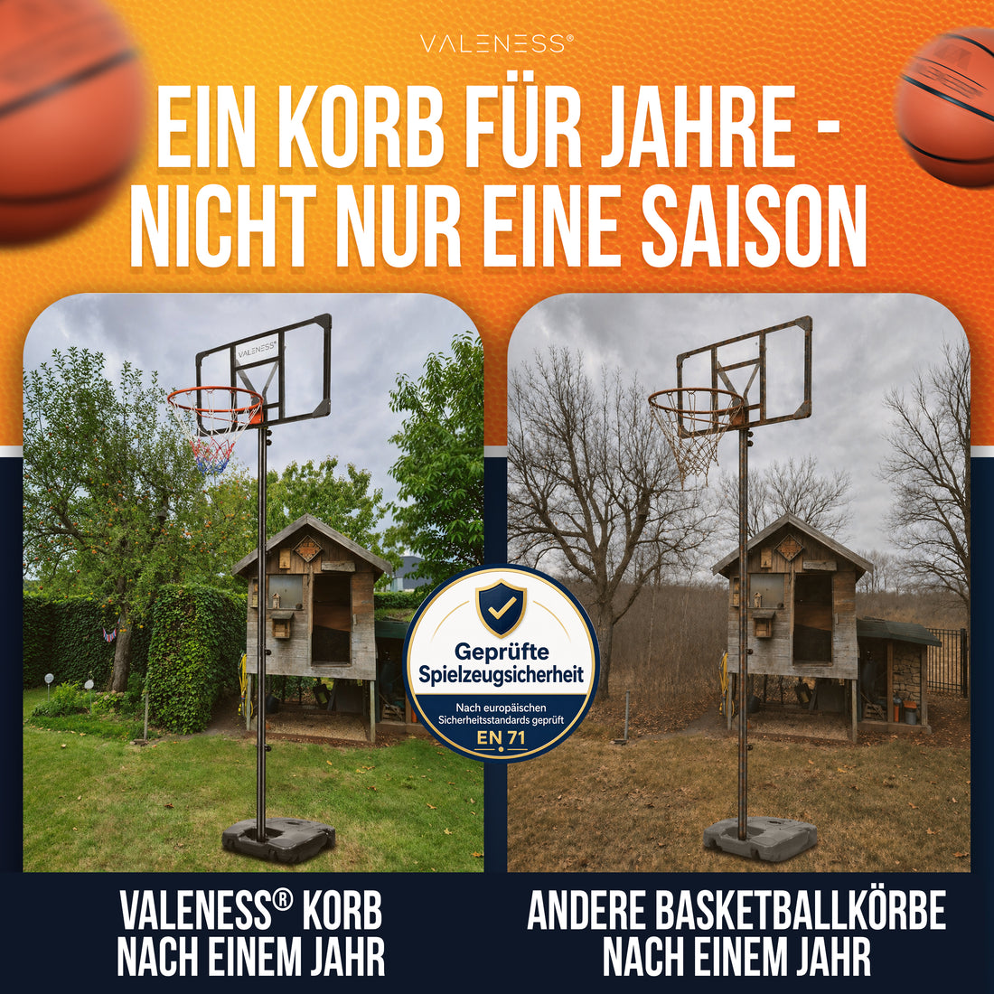 Zustandsvergleich nach einem Jahr im Freien: VALENESS Korb unverändert gegenüber einem verwitterten Vergleichsmodell, geprüft nach Spielzeugsicherheit EN 71