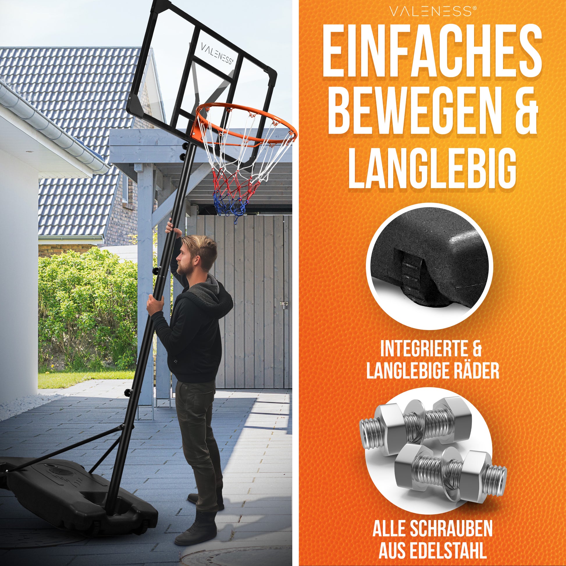 VALENESS® Basketballkorb Outdoor - [147 bis 260 cm] Höhenverstellbarer und Wetterfester Ständer - Profi Korb Mit Basketball und Pumpe für Kinder, Jugendliche und Erwachsene (Jugendliche)