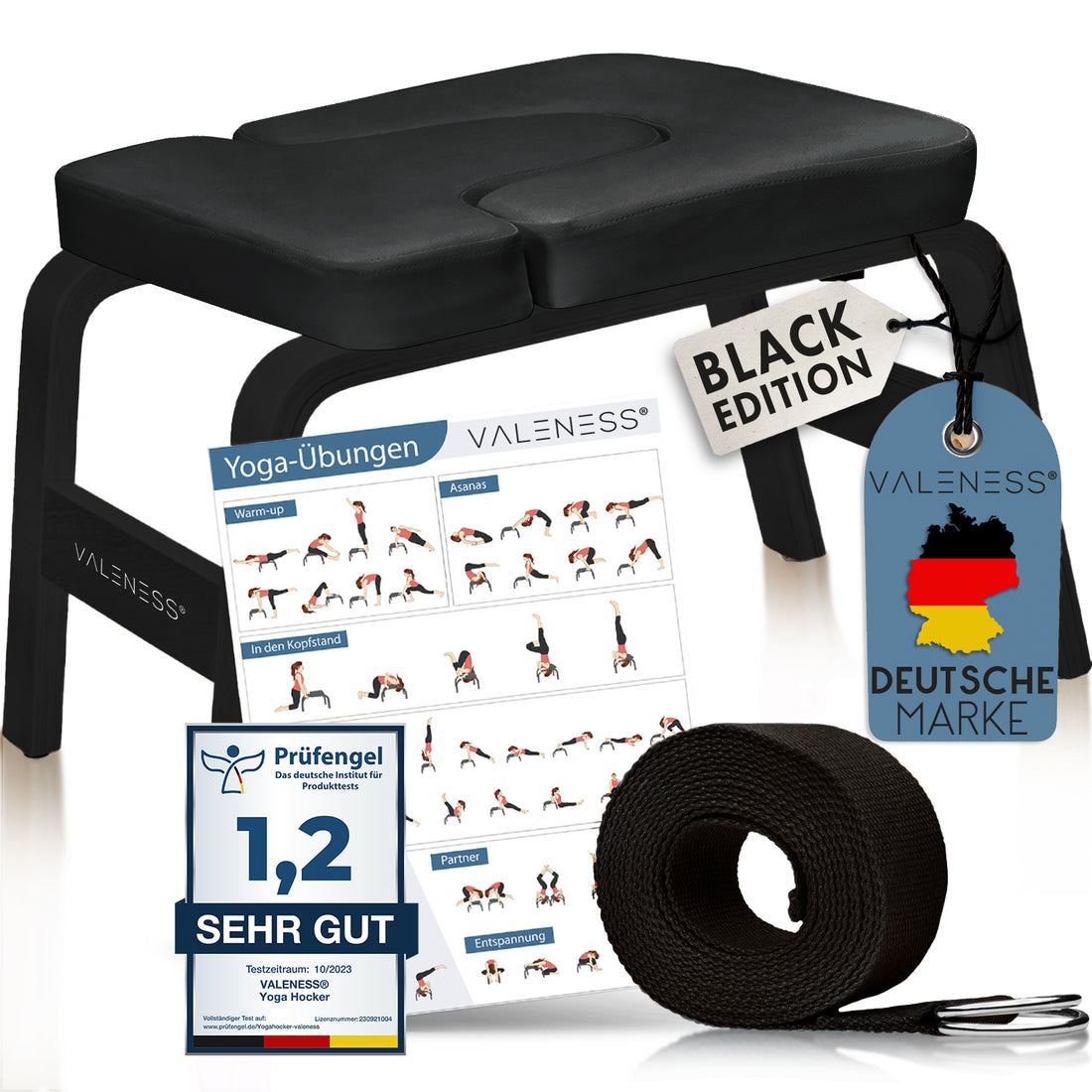 VALENESS Yoga-Kopfstandhocker Black Edition mit dunklem Gestell und schwarzer Polsterung, Yogagurt und Übungsposter