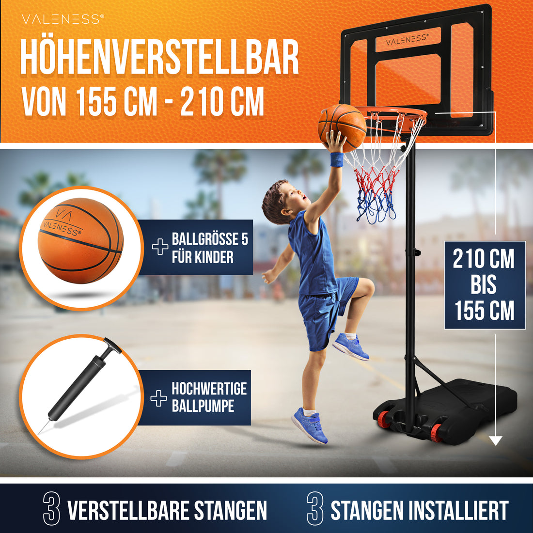 Höhenverstellung bis 210 cm mit drei verstellbaren Stangen, dazu Ball in Größe 5 für Kinderhände und hochwertige Ballpumpe