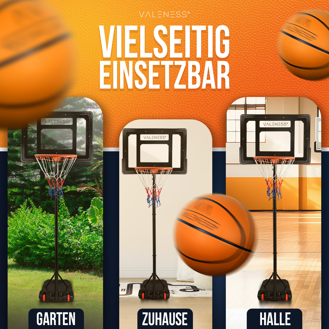 Der Kinder-Basketballständer im Einsatz in Garten, Wohnraum und Sporthalle