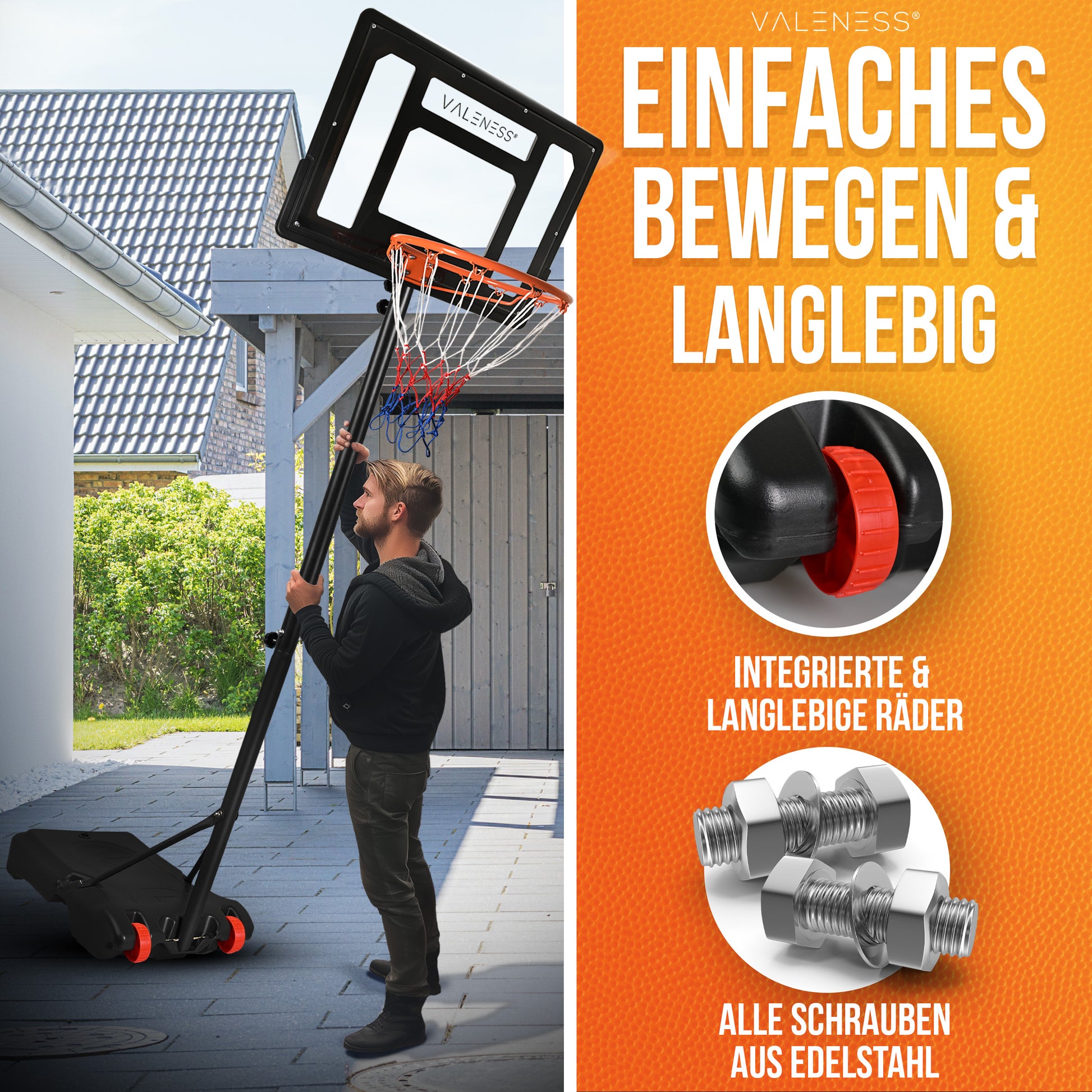 VALENESS® Basketballkorb Outdoor - [150 bis 210 cm] Höhenverstellbarer und Wetterfester Ständer - Profi Korb Mit Basketball und Pumpe für Kinder, Jugendliche und Erwachsene (Kinder)