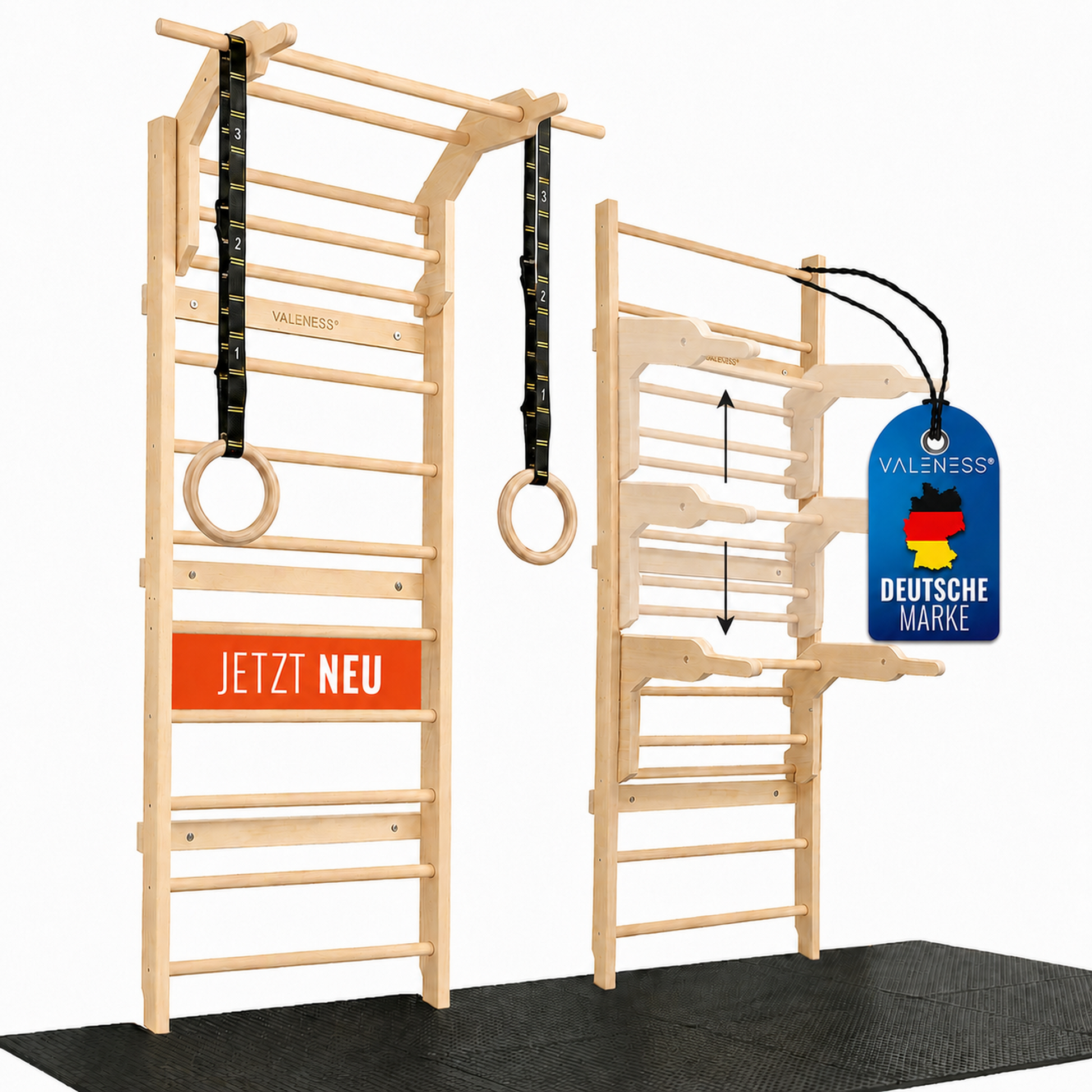 VALENESS® NEU Sprossenwand aus Holz mit Klimmzugstange, Dip-Station & 2 Turnringen – höhenverstellbar, für Erwachsene & Kinder – Kletterwand Indoor fürs Kinderzimmer & Home Gym, bis 150 kg