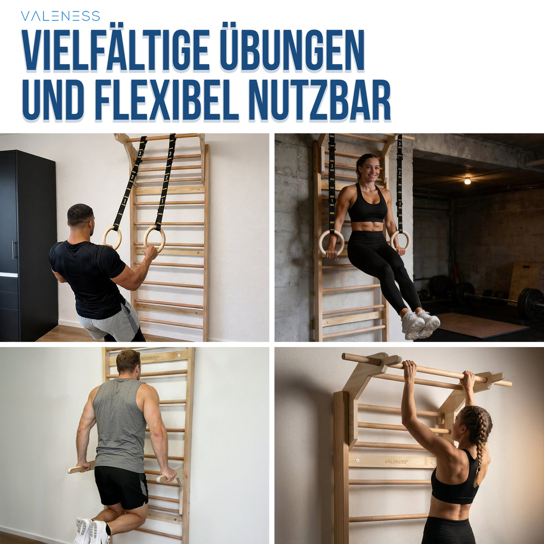 Vier Übungsbeispiele an der Sprossenwand: Turnringe, Klimmzüge, Dips und Hangeln, ausgeführt von einer Frau und einem Mann
