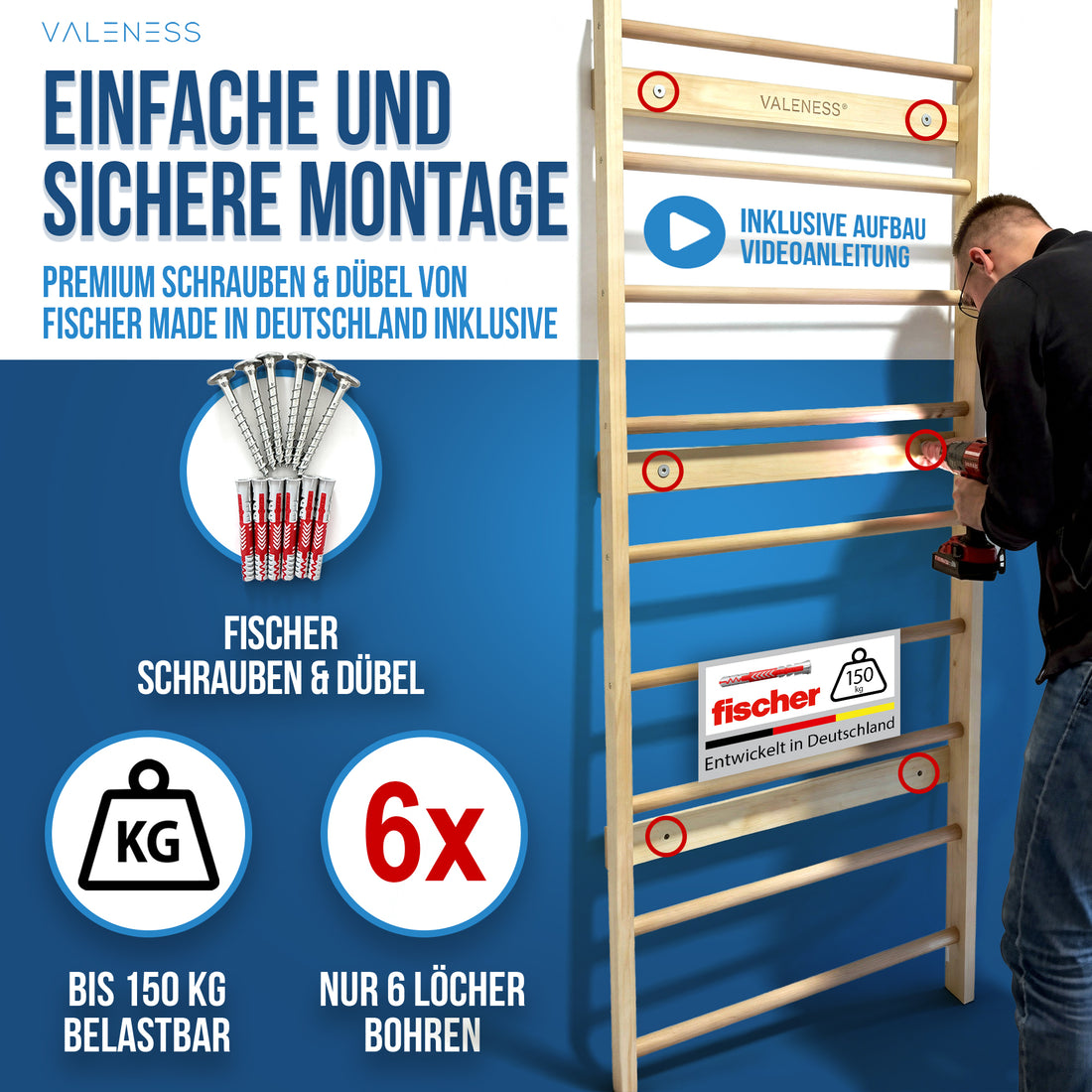 Montage mit Fischer-Schrauben und -Dübeln made in Germany: nur sechs Bohrlöcher nötig, Aufbau-Videoanleitung inklusive, belastbar bis 150 kg
