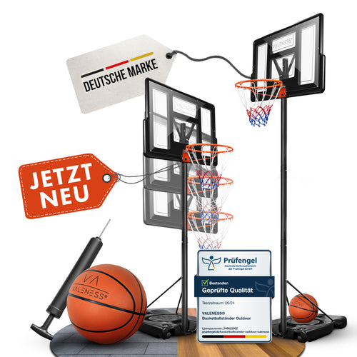 VALENESS® Basketballkorb Outdoor - [135 bis 305 cm] Höhenverstellbarer und Wetterfester Ständer - Profi Korb Mit Basketball und Pumpe für Kinder und Erwachsene