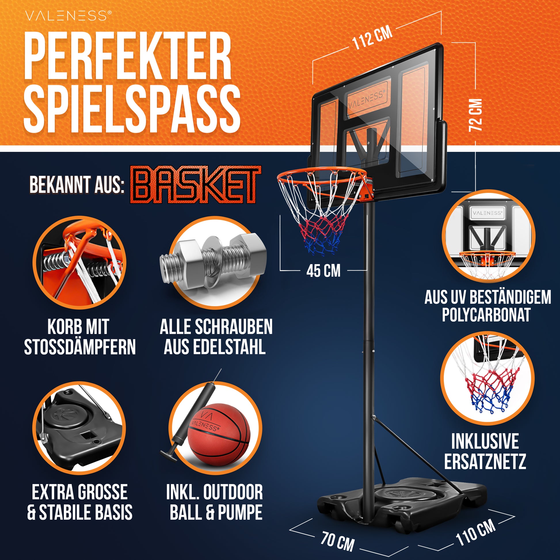VALENESS® Basketballkorb Outdoor - [135 bis 305 cm] Höhenverstellbarer und Wetterfester Ständer - Profi Korb Mit Basketball und Pumpe für Kinder und Erwachsene (Profi)