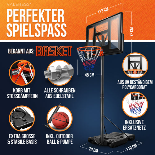 VALENESS® Basketballkorb Outdoor - [135 bis 305 cm] Höhenverstellbarer und Wetterfester Ständer - Profi Korb Mit Basketball und Pumpe für Kinder und Erwachsene (Profi)