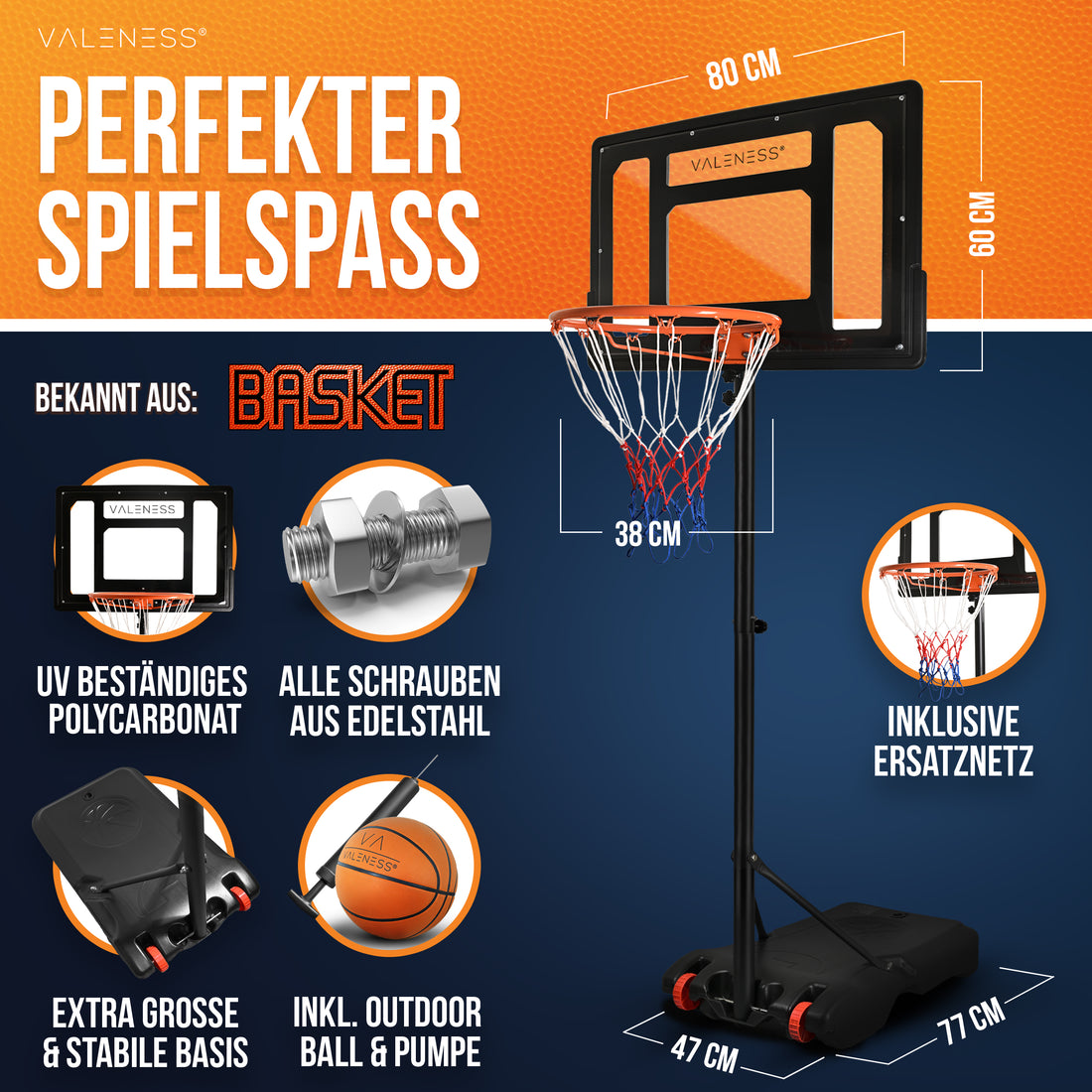 Technische Merkmale: Zielbrett 80 × 60 cm, Ring 38 cm, Standfläche 47 × 77 cm, UV-beständiges Polycarbonat, Edelstahlschrauben, befüllbare Basis, Ball, Pumpe und Ersatznetz inklusive