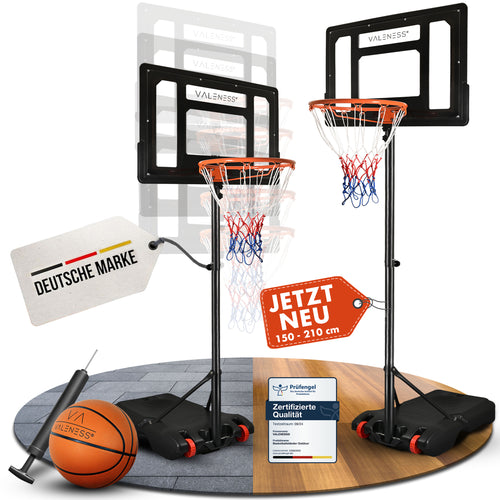 VALENESS® Basketballkorb Outdoor - [150 bis 210 cm] Höhenverstellbarer und Wetterfester Ständer - Profi Korb Mit Basketball und Pumpe für Kinder, Jugendliche und Erwachsene (Kinder)
