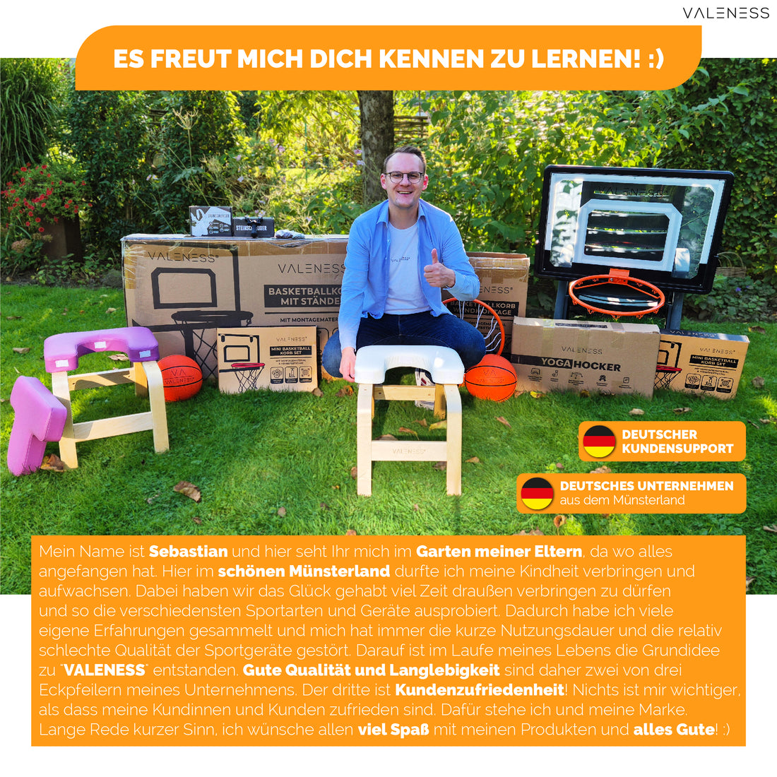 Gründer Sebastian Funke im Garten mit dem VALENESS Sortiment und der Markengeschichte aus dem Münsterland