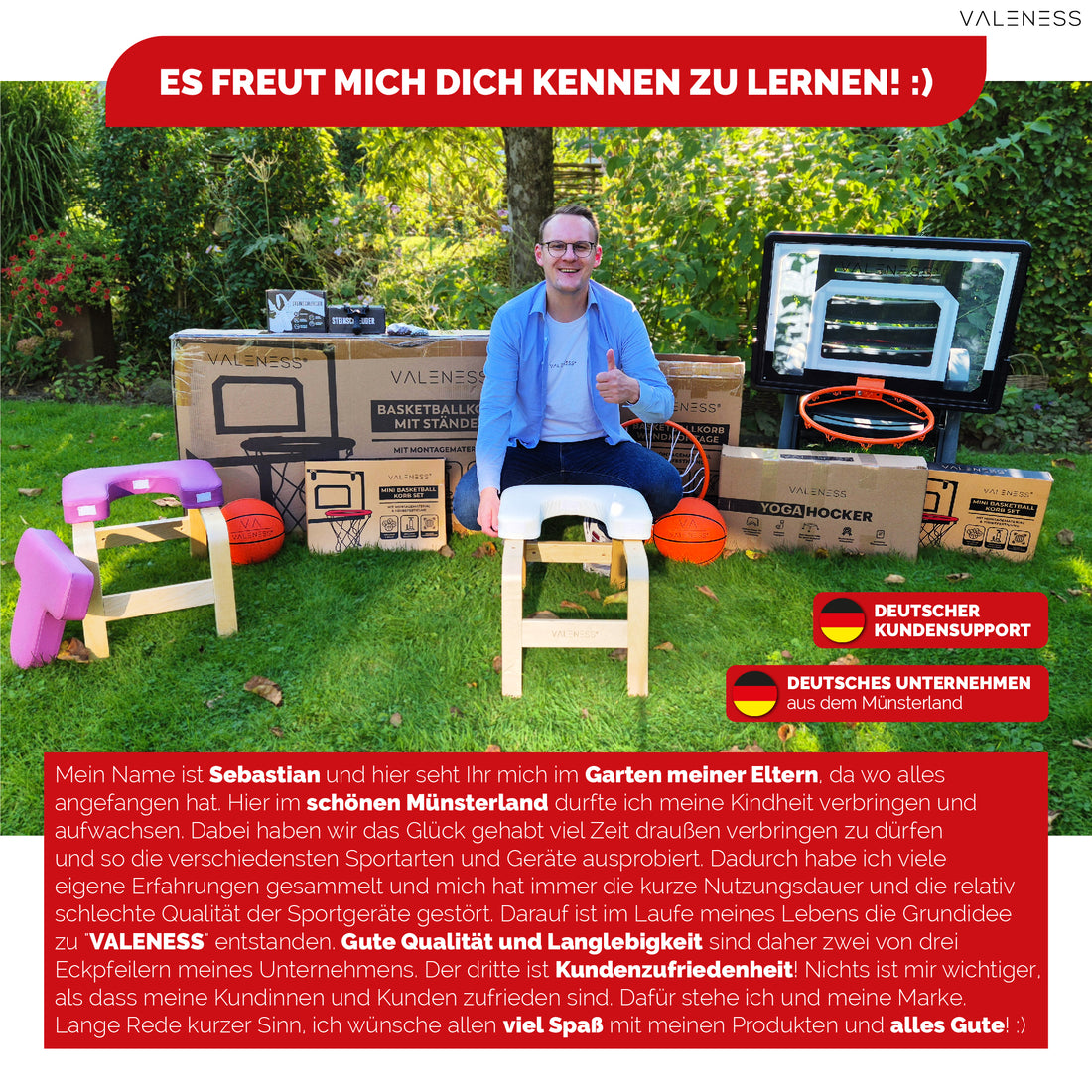 Gründer Sebastian Funke im Garten mit dem VALENESS Sortiment und der Markengeschichte aus dem Münsterland