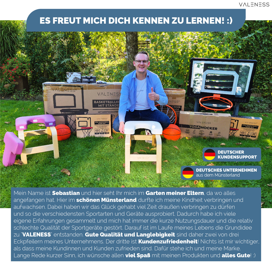 Gründer Sebastian Funke im Garten mit dem VALENESS Sortiment und der Markengeschichte aus dem Münsterland
