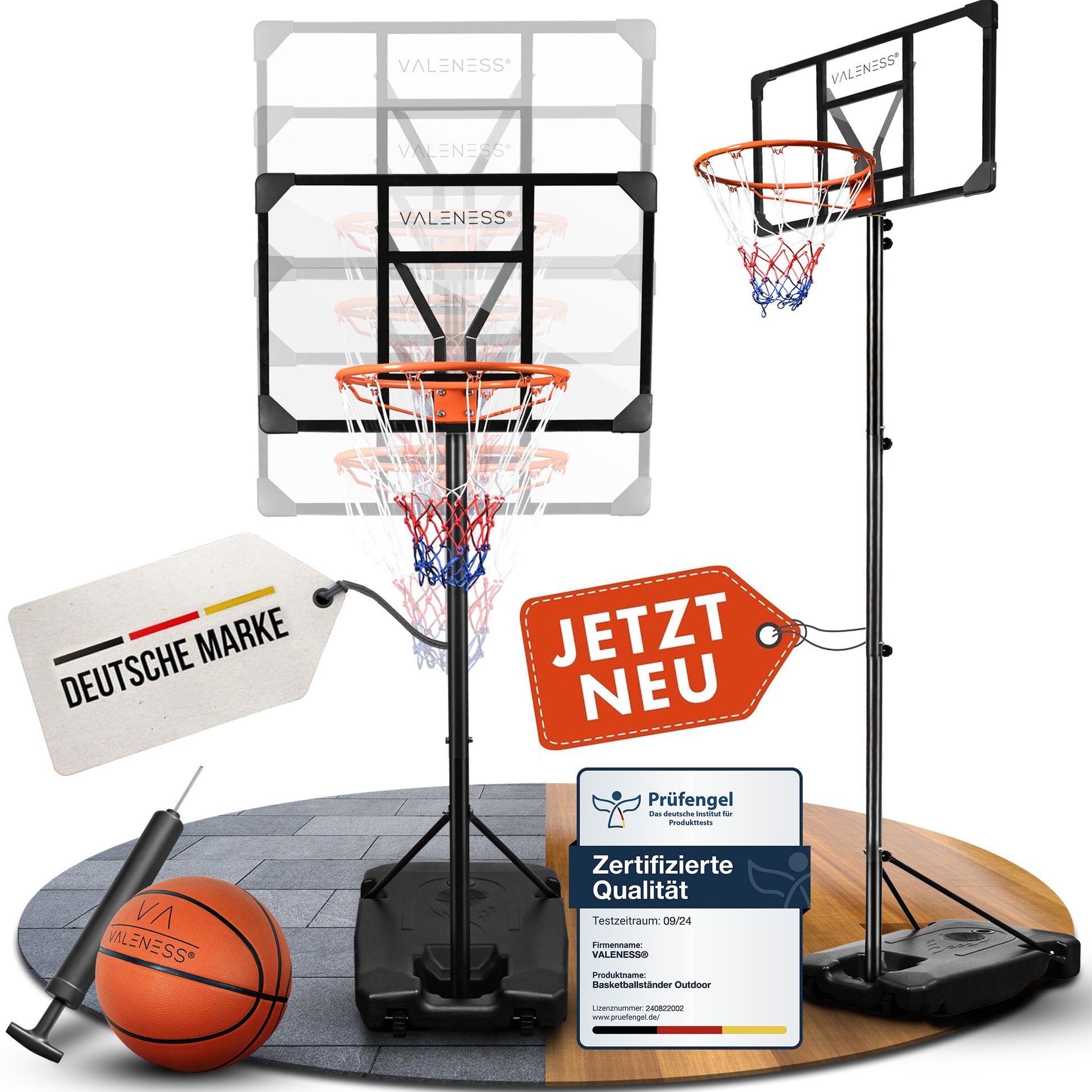 VALENESS® Basketballkorb Outdoor - [147 bis 260 cm] Höhenverstellbarer und Wetterfester Ständer - Profi Korb Mit Basketball und Pumpe für Kinder, Jugendliche und Erwachsene (Jugendliche)