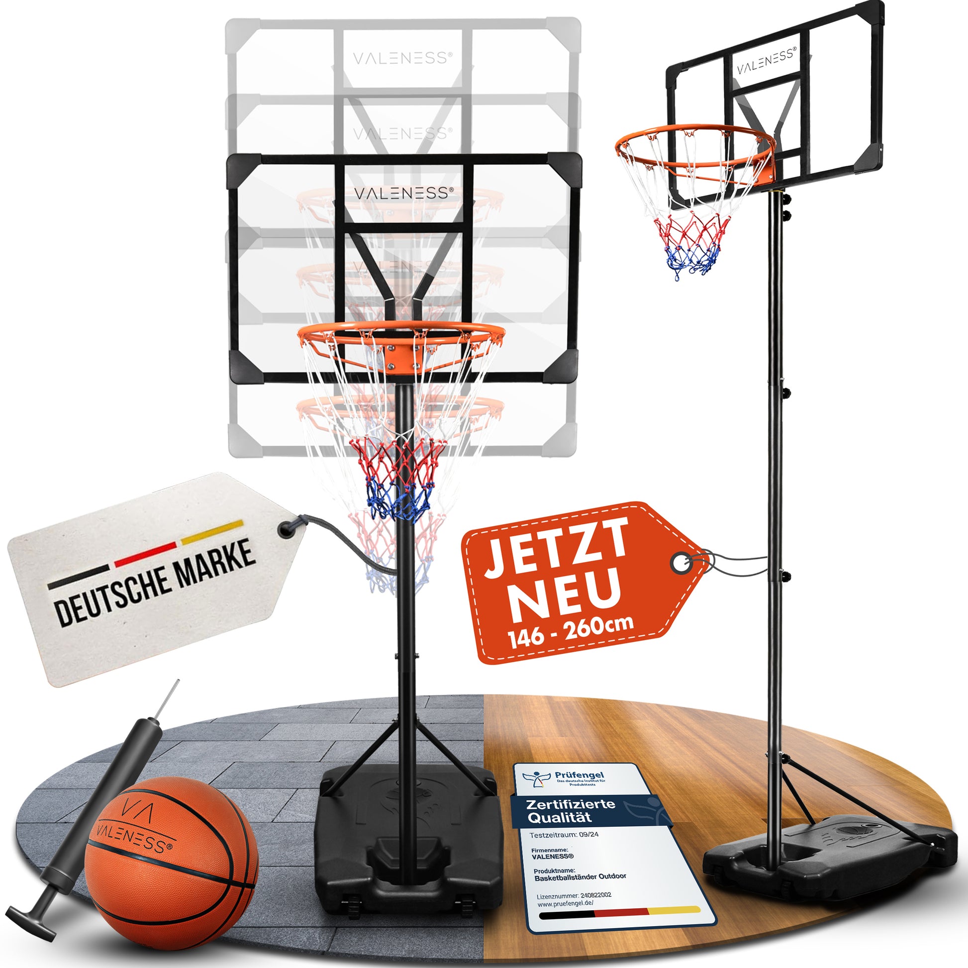 VALENESS® Basketballkorb Outdoor - [147 bis 260 cm] Höhenverstellbarer und Wetterfester Ständer - Profi Korb Mit Basketball und Pumpe für Kinder, Jugendliche und Erwachsene (Jugendliche)