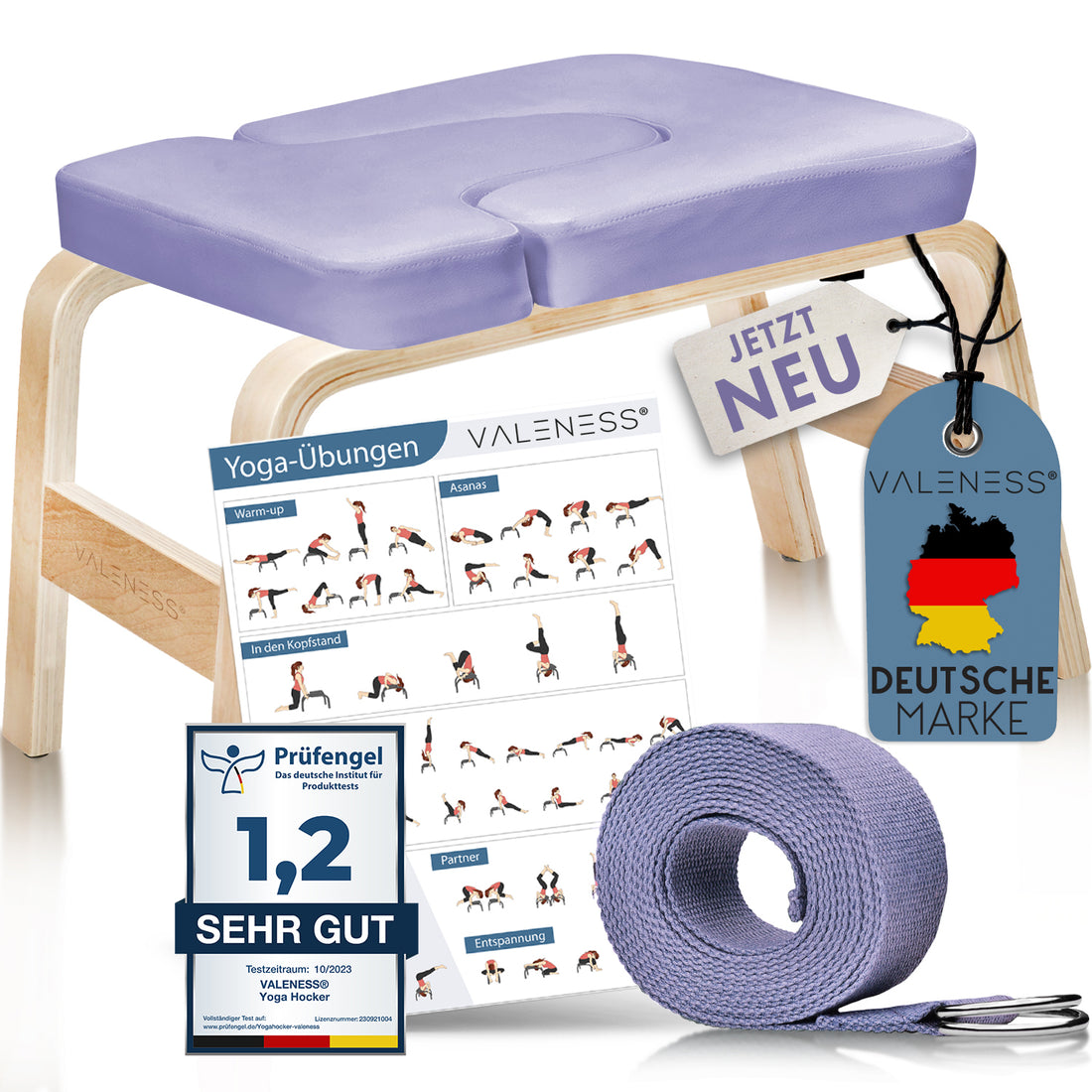 VALENESS Yoga-Kopfstandhocker aus Naturholz mit violetter Polsterung, Yogagurt und Übungsposter