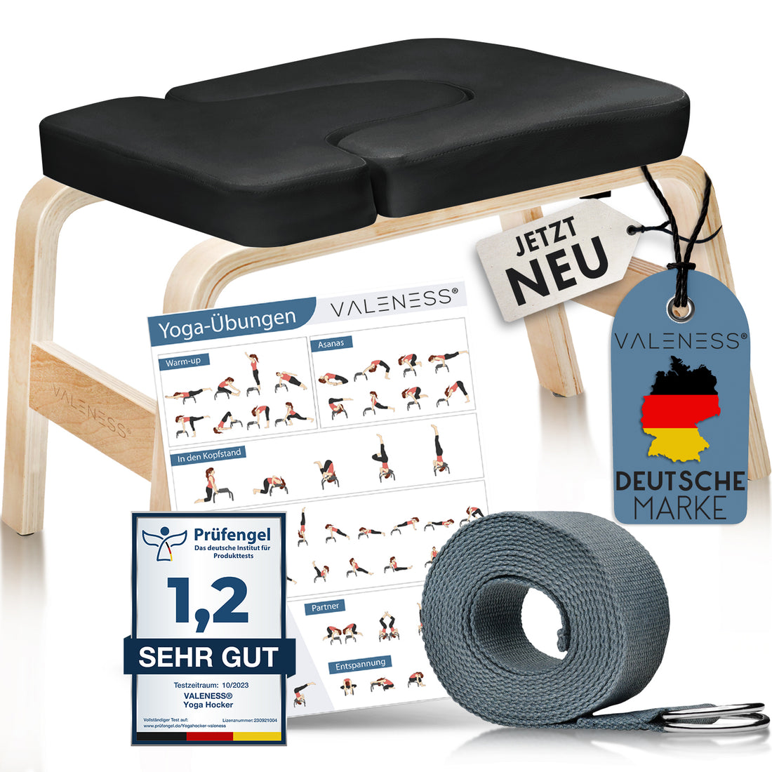 VALENESS Yoga-Kopfstandhocker aus Naturholz mit schwarzer Polsterung, Yogagurt und Übungsposter