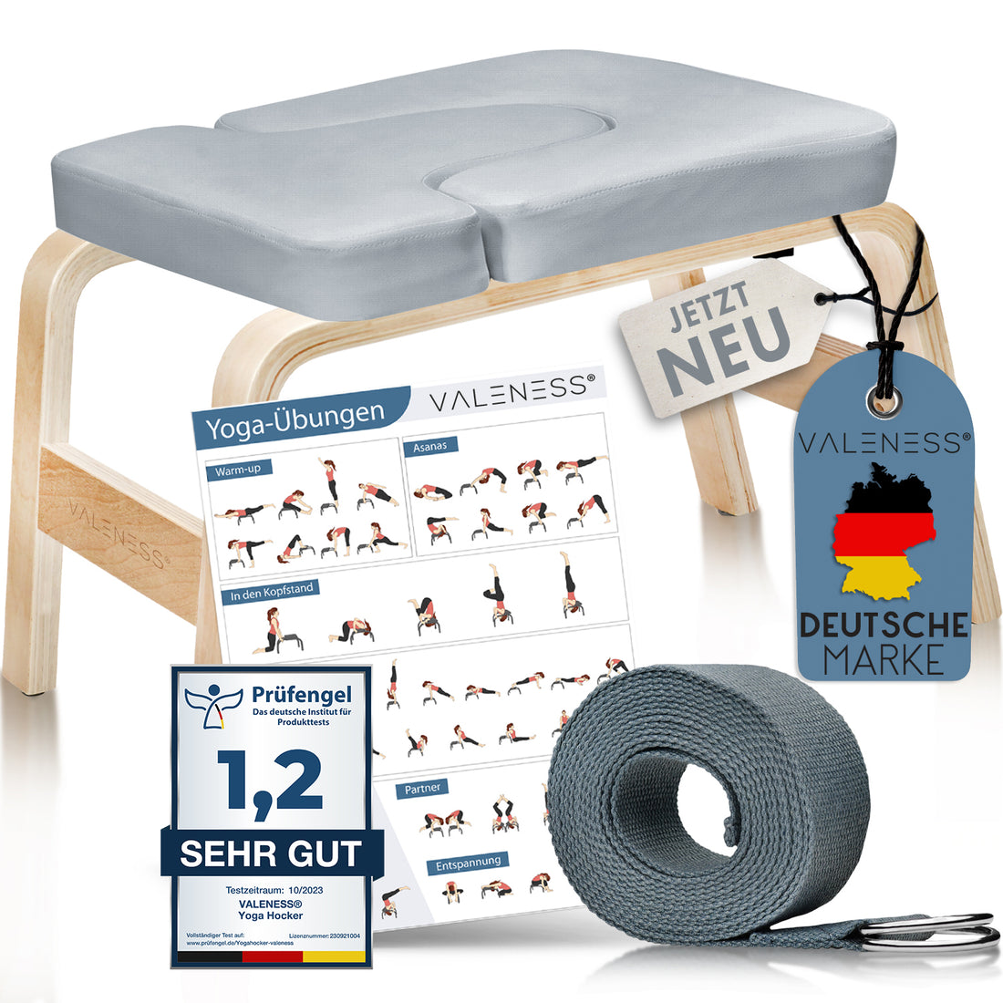 VALENESS Yoga-Kopfstandhocker aus Naturholz mit grauem Textilbezug, Yogagurt und Übungsposter