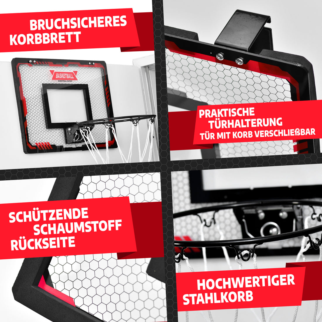 Detailansicht der Konstruktion: bruchsicheres Korbbrett, praktische Türhalterung mit verschließbarer Tür, schützende Schaumstoff-Rückseite und hochwertiger Stahlkorb