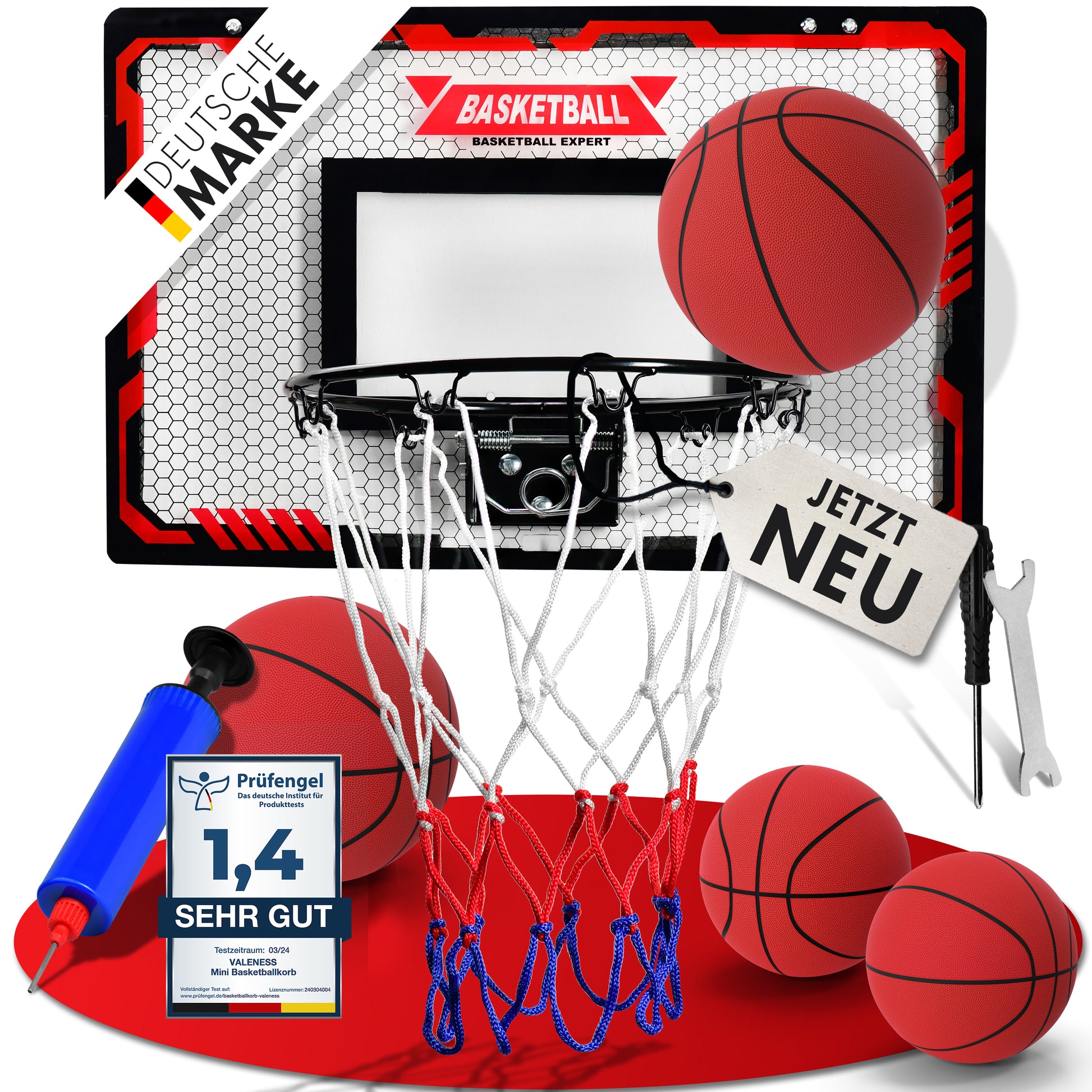 VALENESS® Mini Basketballkorb Indoor [für Tür & Wandmontage] - Kleiner Basketball Korb mit Dunk-Funktion, 4 Bällen, Pumpe & Befestigungszubehör - für Kinder & Erwachsene