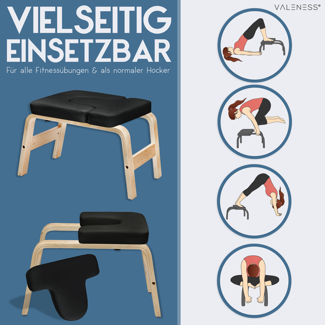 Vielseitig einsetzbar für Fitnessübungen und als normaler Hocker, mit vier Übungsbeispielen von Kopfstand bis Dehnung
