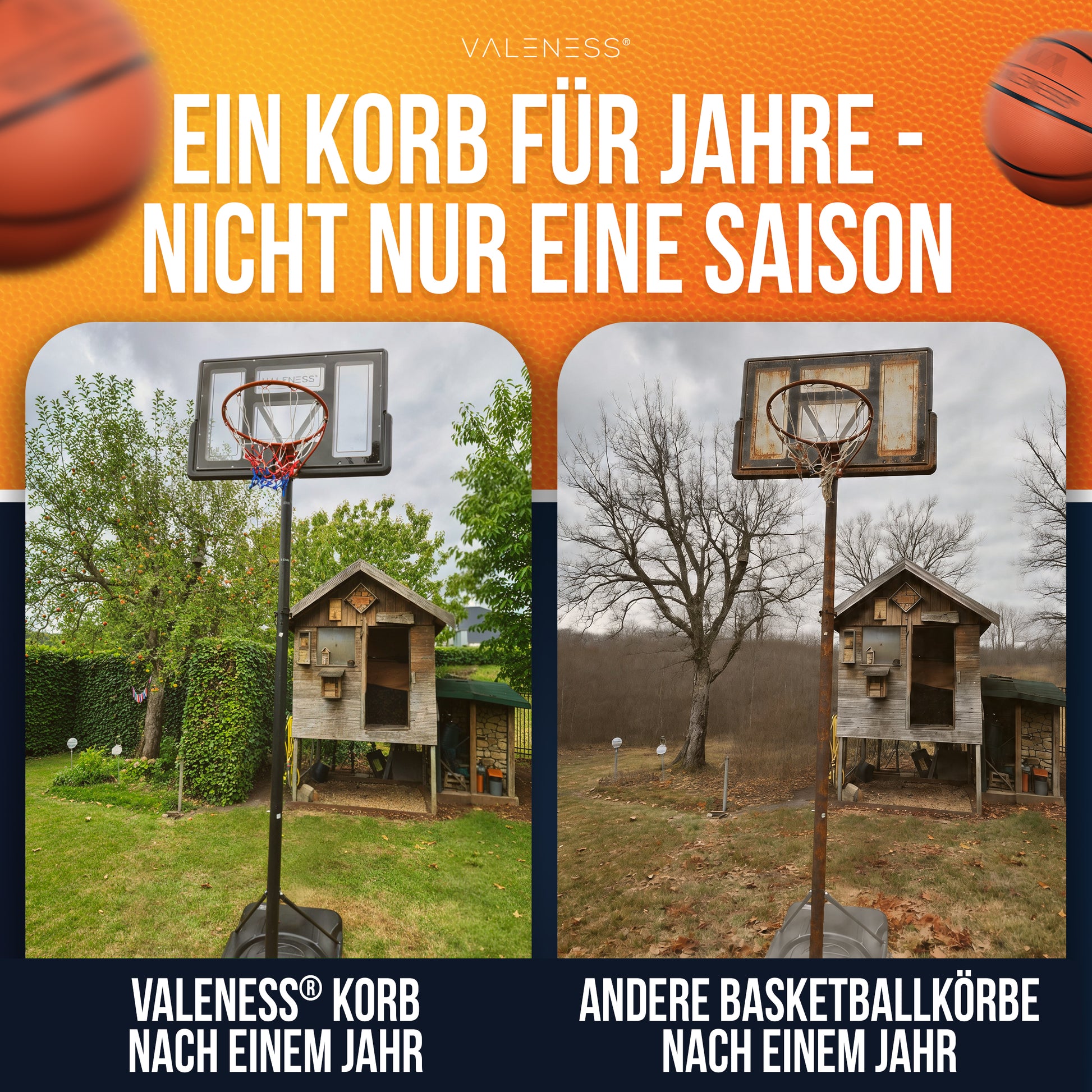 VALENESS® Basketballkorb Outdoor - [135 bis 305 cm] Höhenverstellbarer und Wetterfester Ständer - Profi Korb Mit Basketball und Pumpe für Kinder und Erwachsene (Profi)