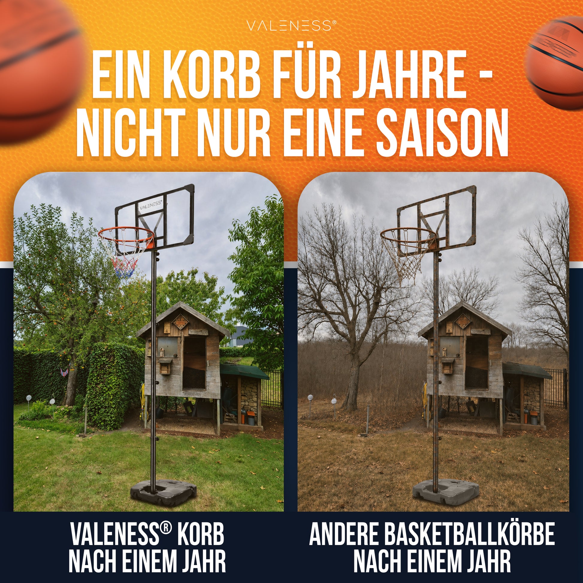 VALENESS® Basketballkorb Outdoor - [147 bis 260 cm] Höhenverstellbarer und Wetterfester Ständer - Profi Korb Mit Basketball und Pumpe für Kinder, Jugendliche und Erwachsene (Jugendliche)