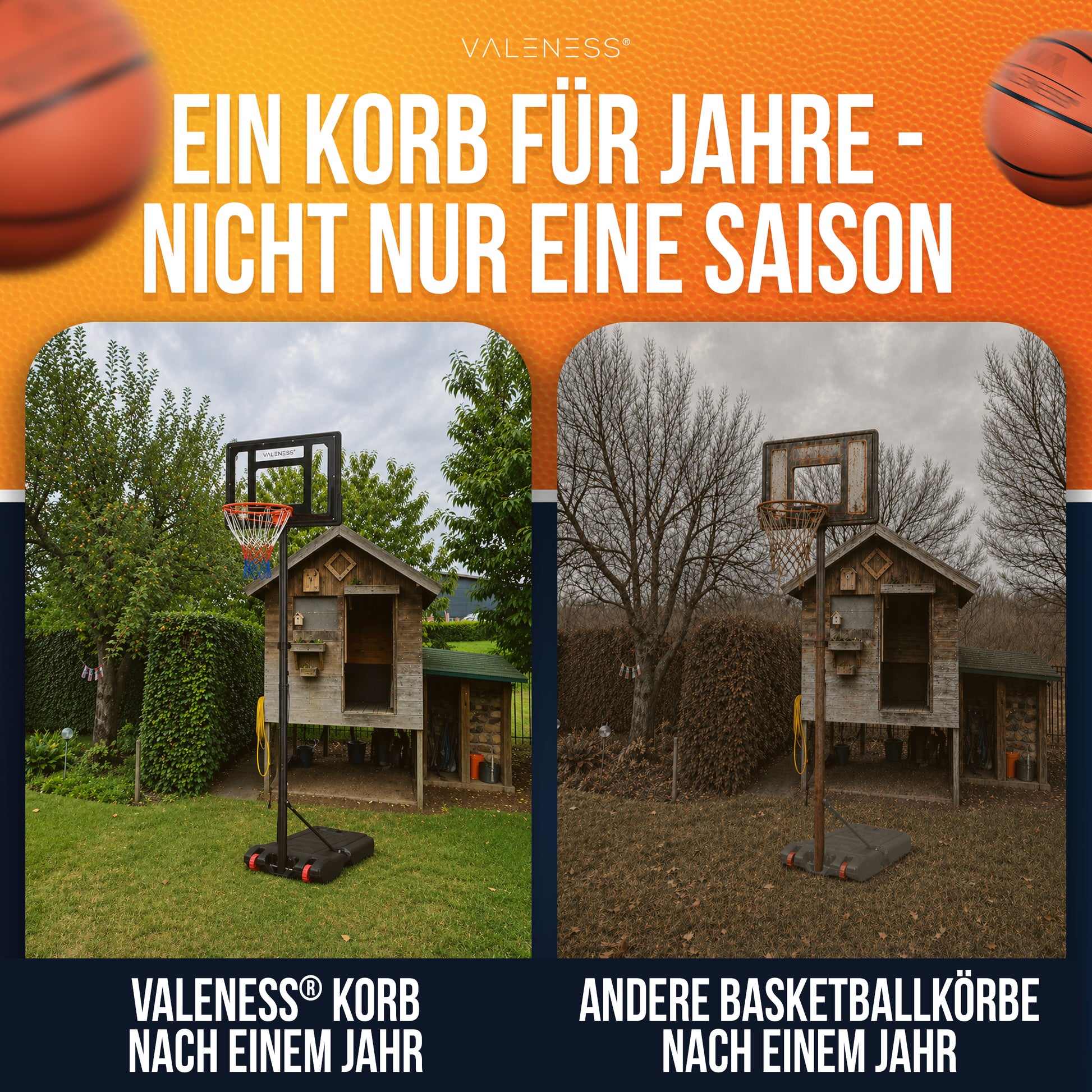VALENESS® Basketballkorb Outdoor - [150 bis 210 cm] Höhenverstellbarer und Wetterfester Ständer - Profi Korb Mit Basketball und Pumpe für Kinder, Jugendliche und Erwachsene (Kinder)