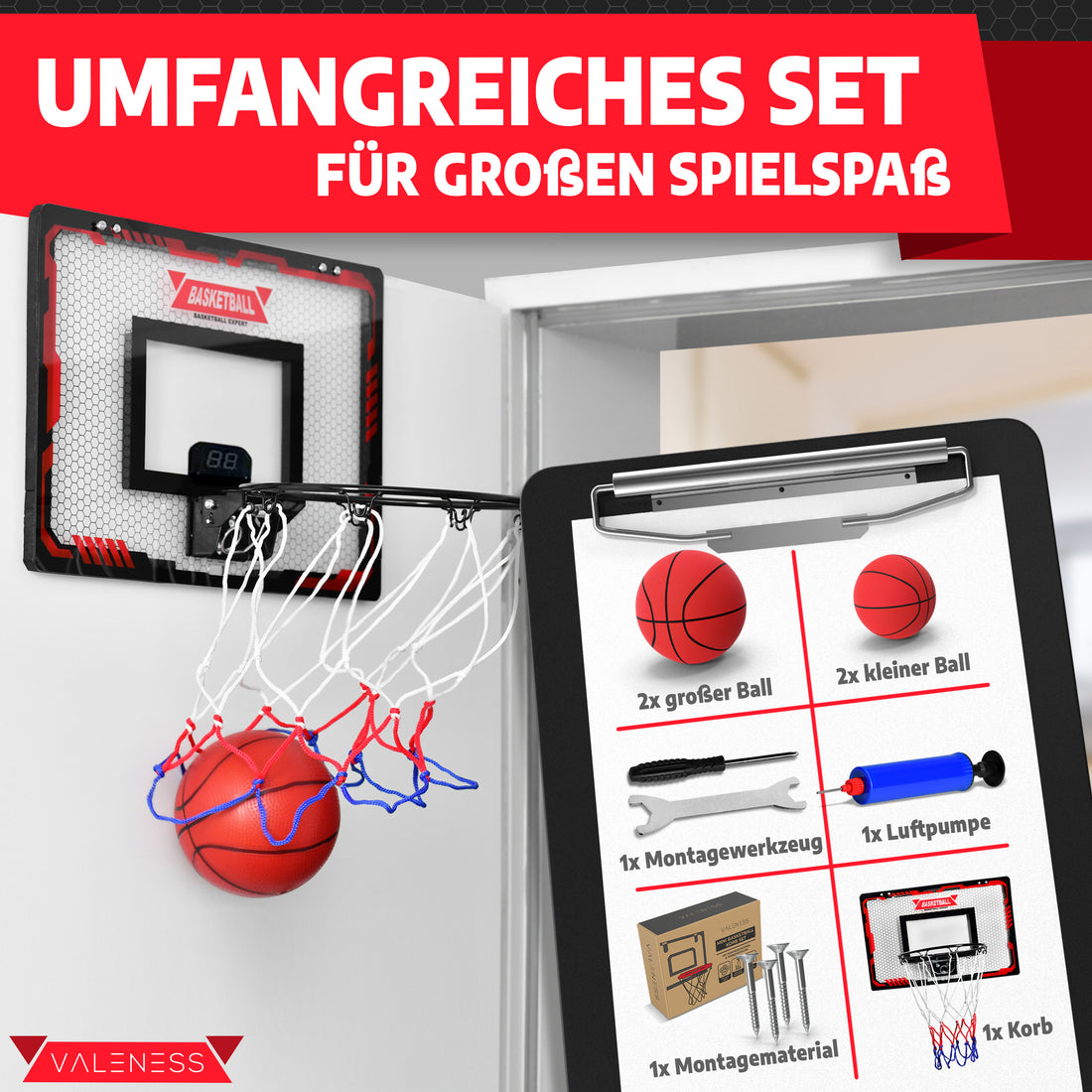 Lieferumfang im Überblick: Basketballkorb, zwei große und zwei kleine Bälle, Luftpumpe, Montagewerkzeug und Montagematerial