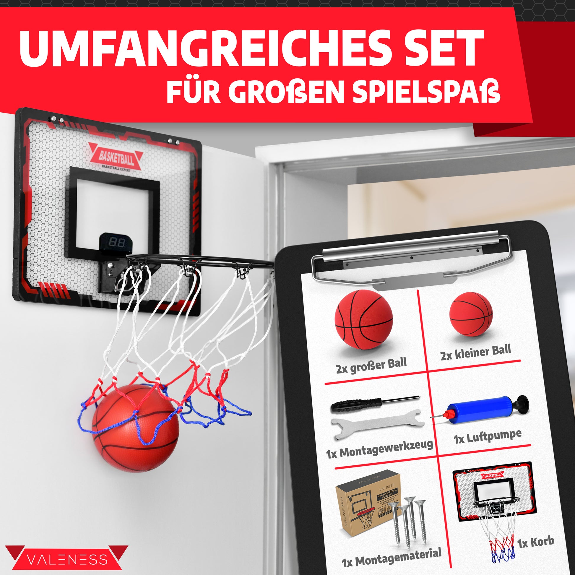 VALENESS® Mini Basketballkorb Indoor [für Tür & Wandmontage] - Kleiner Basketball Korb mit Dunk-Funktion, 4 Bällen, Pumpe & Befestigungszubehör - für Kinder & Erwachsene (Mit Counter)