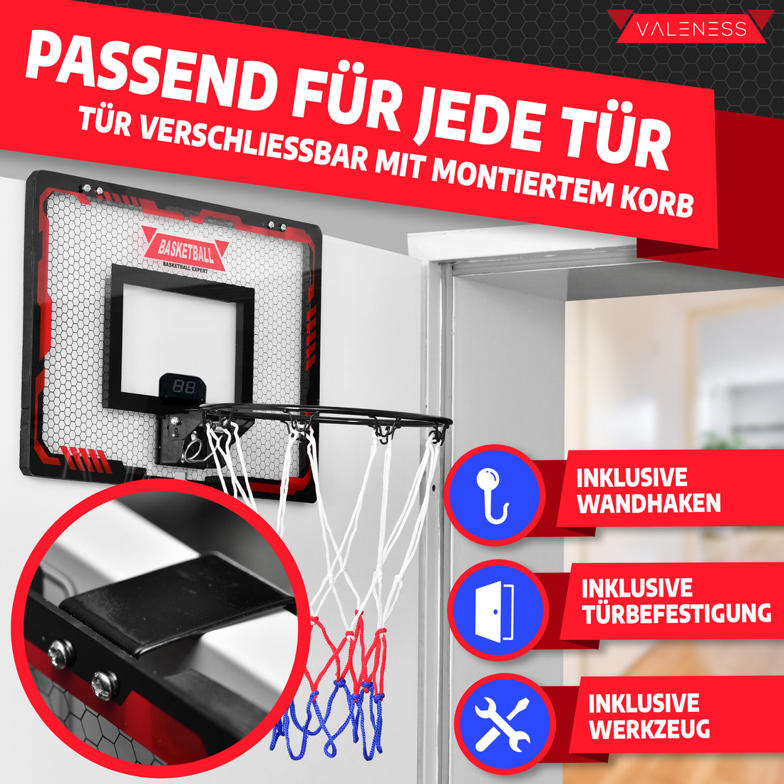Montage an der Tür: passend für jede Tür, die sich mit montiertem Korb weiterhin schließen lässt — inklusive Wandhaken, Türbefestigung und Werkzeug