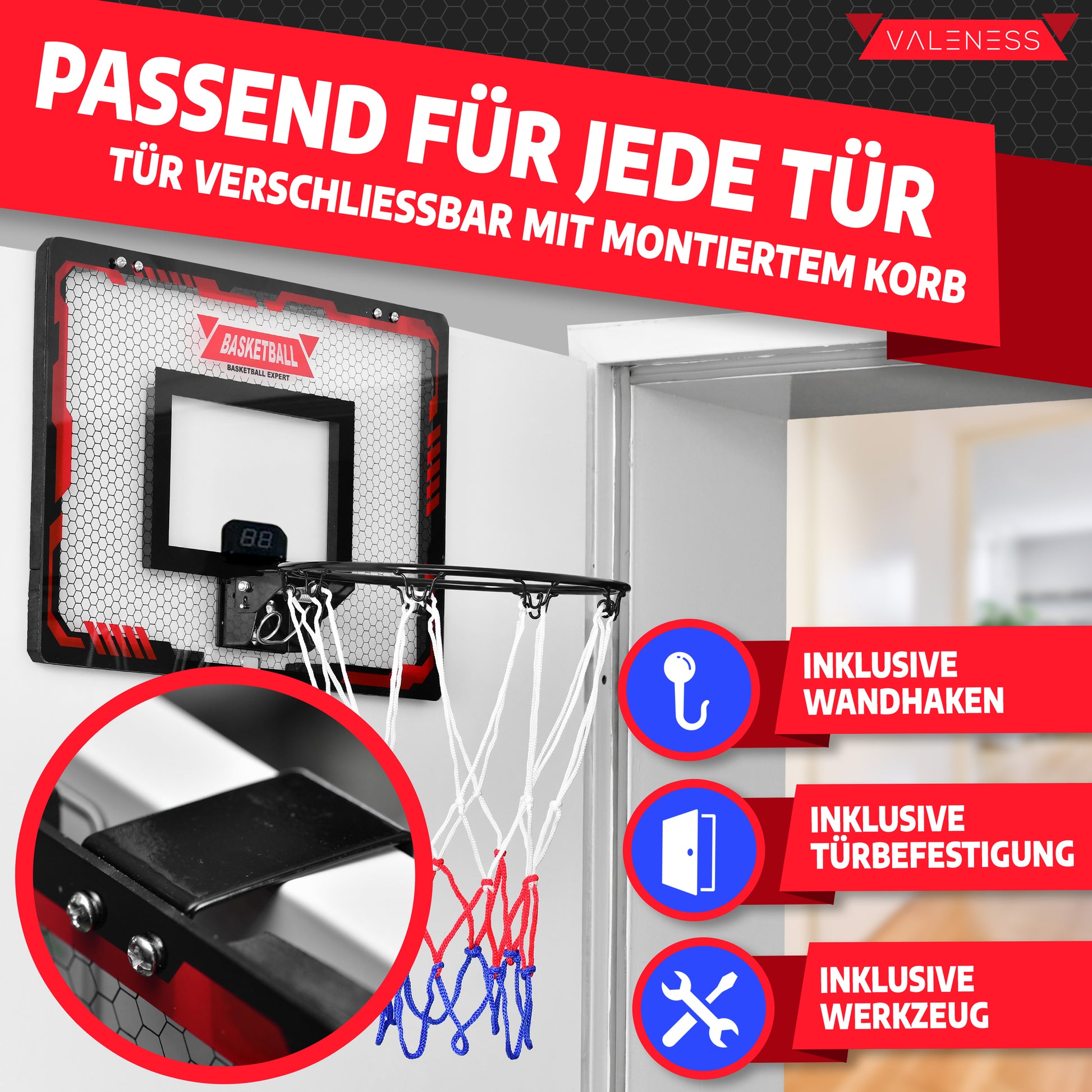 VALENESS® Mini Basketballkorb Indoor [für Tür & Wandmontage] - Kleiner Basketball Korb mit Dunk-Funktion, 4 Bällen, Pumpe & Befestigungszubehör - für Kinder & Erwachsene (Mit Counter)