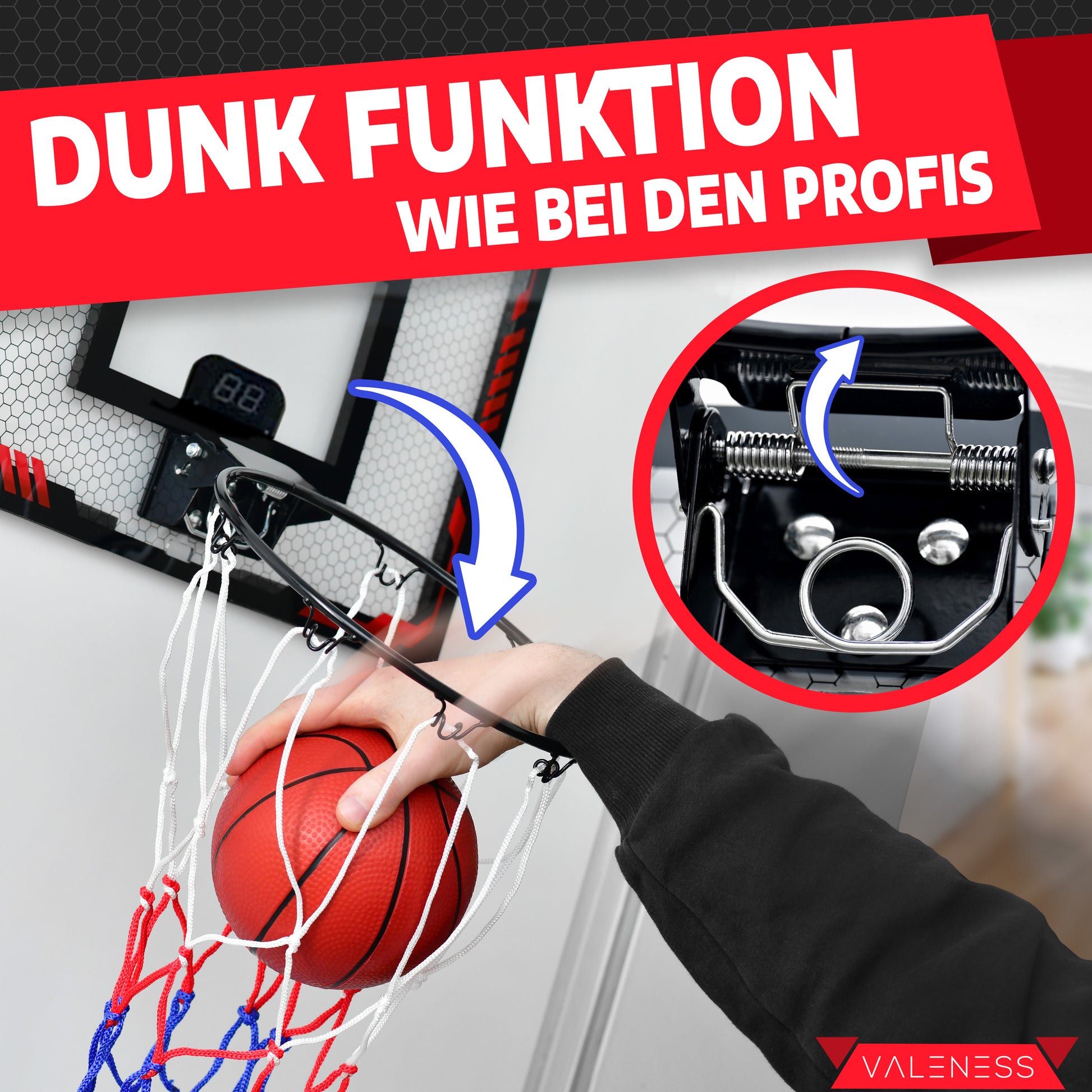 VALENESS® Mini Basketballkorb Indoor [für Tür & Wandmontage] - Kleiner Basketball Korb mit Dunk-Funktion, 4 Bällen, Pumpe & Befestigungszubehör - für Kinder & Erwachsene (Mit Counter)