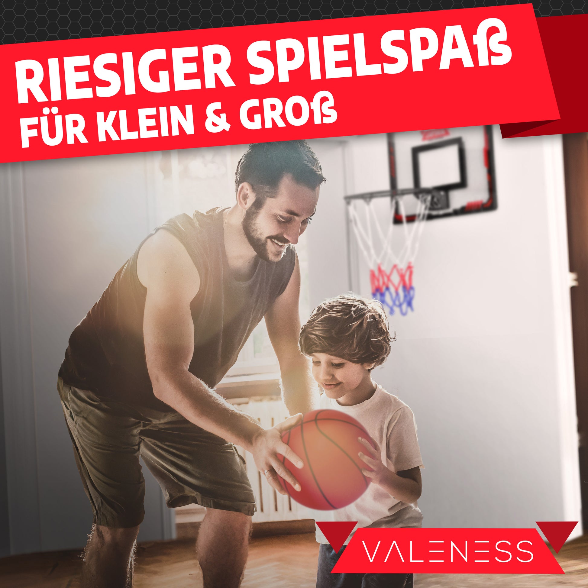 VALENESS® Mini Basketballkorb Indoor [für Tür & Wandmontage] - Kleiner Basketball Korb mit Dunk-Funktion, 4 Bällen, Pumpe & Befestigungszubehör - für Kinder & Erwachsene