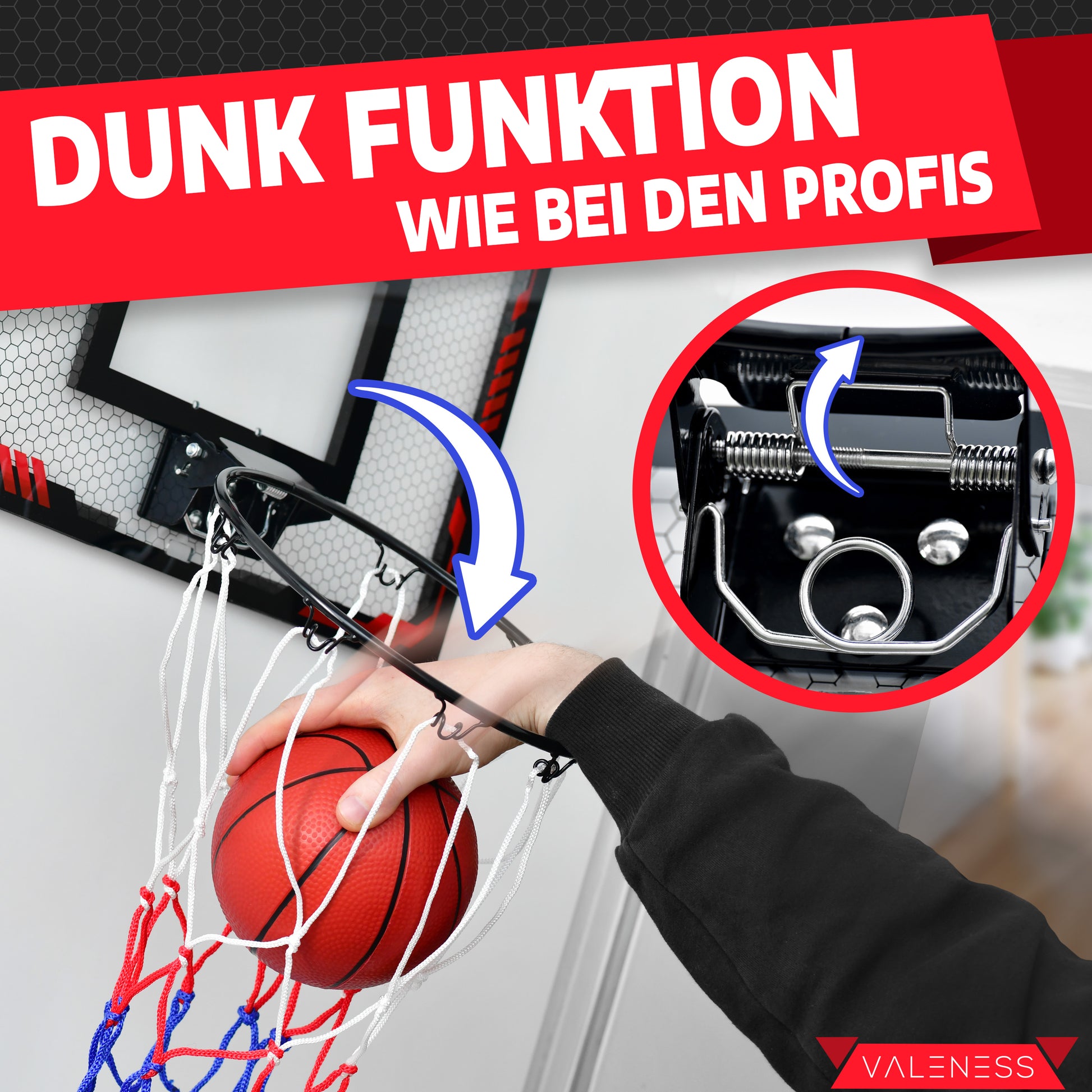 VALENESS® Mini Basketballkorb Indoor [für Tür & Wandmontage] - Kleiner Basketball Korb mit Dunk-Funktion, 4 Bällen, Pumpe & Befestigungszubehör - für Kinder & Erwachsene