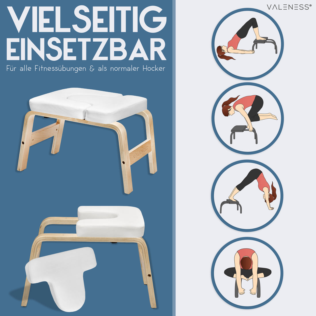 Vielseitig einsetzbar für Fitnessübungen und als normaler Hocker, mit vier Übungsbeispielen von Kopfstand bis Dehnung