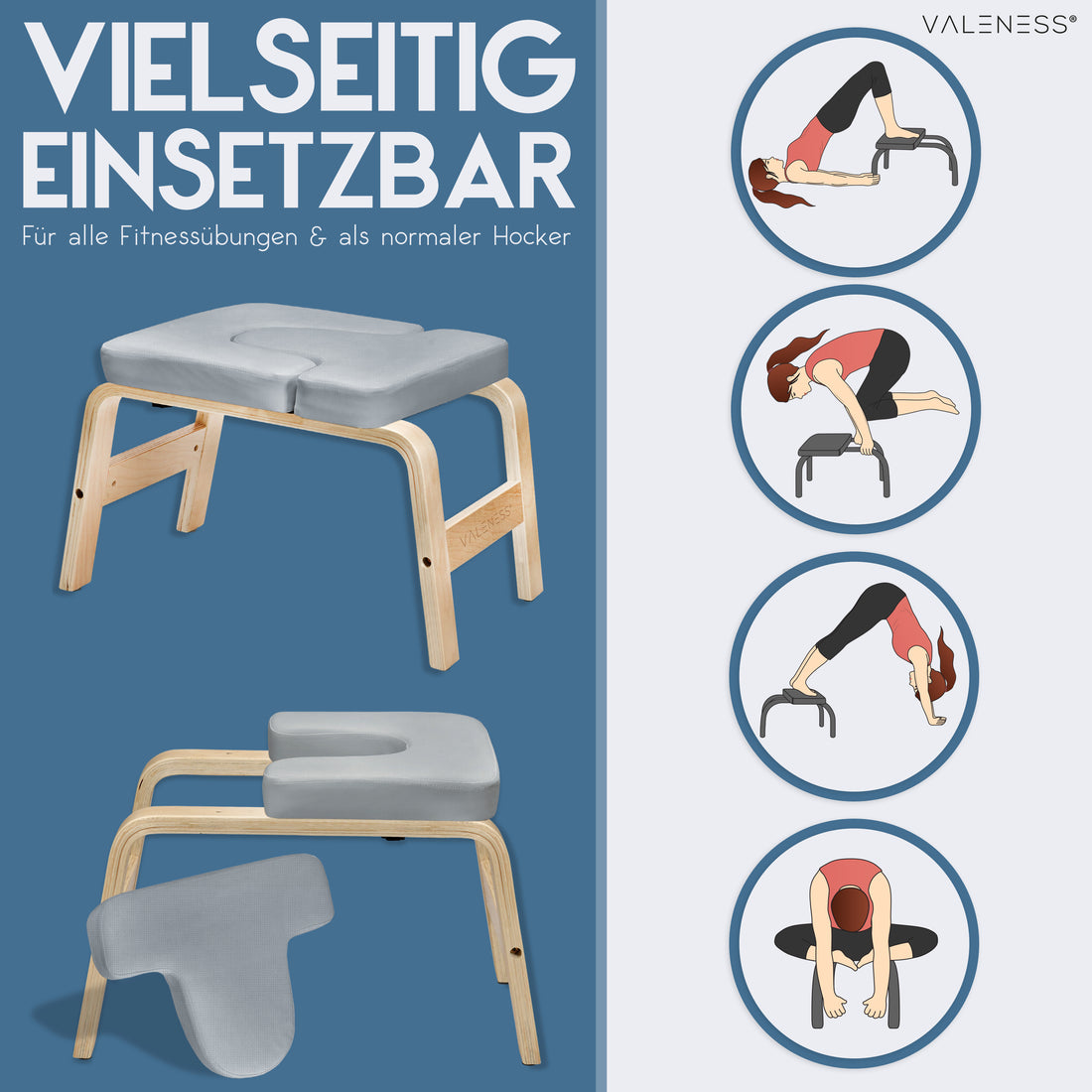 Vielseitig einsetzbar für Fitnessübungen und als normaler Hocker, mit vier Übungsbeispielen von Kopfstand bis Dehnung
