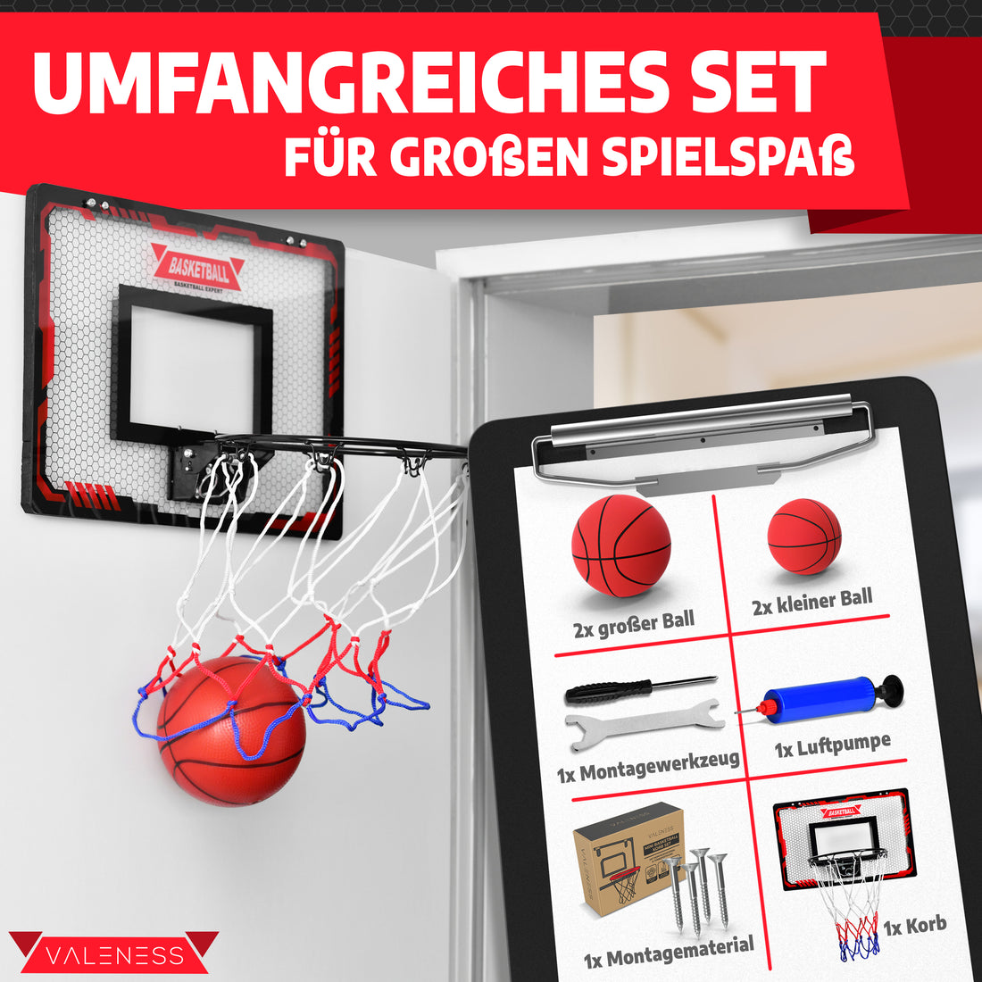 Lieferumfang im Überblick: Basketballkorb, zwei große und zwei kleine Bälle, Luftpumpe, Montagewerkzeug und Montagematerial