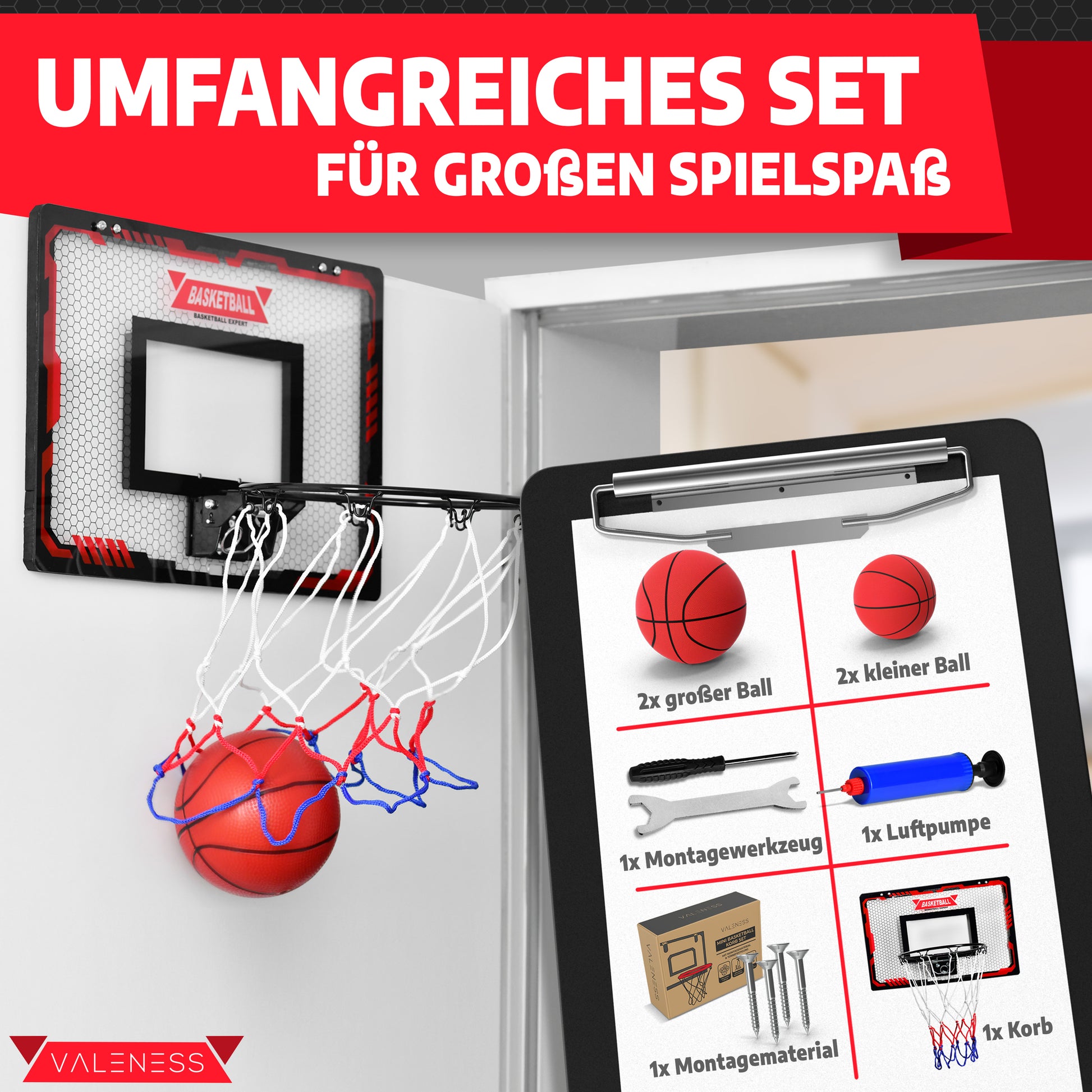 VALENESS® Mini Basketballkorb Indoor [für Tür & Wandmontage] - Kleiner Basketball Korb mit Dunk-Funktion, 4 Bällen, Pumpe & Befestigungszubehör - für Kinder & Erwachsene