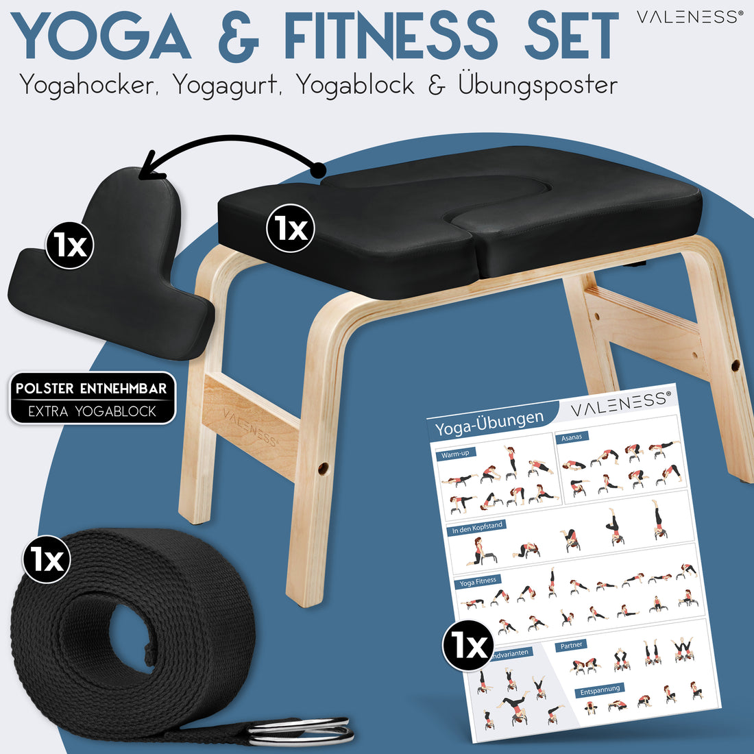 Lieferumfang Yoga- und Fitness-Set: Kopfstandhocker in Schwarz, entnehmbares Polster als zusätzlicher Yogablock, Yogagurt und Übungsposter