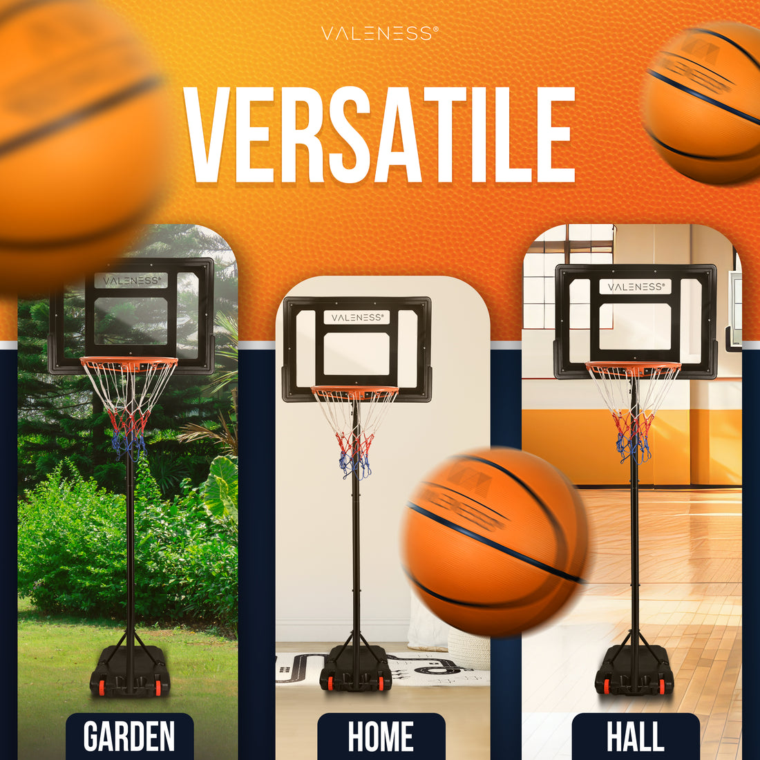 Der Kinder-Basketballständer im Einsatz in Garten, Wohnraum und Sporthalle