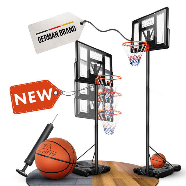 VALENESS Basketballständer Profi mit Ball und Pumpe, dargestellt in drei Höhenstufen von 135 bis 305 cm, mit Prüfsiegel Geprüfte Qualität