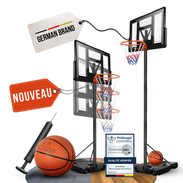 VALENESS Basketballständer Profi mit Ball und Pumpe, dargestellt in drei Höhenstufen von 135 bis 305 cm, mit Prüfsiegel Geprüfte Qualität