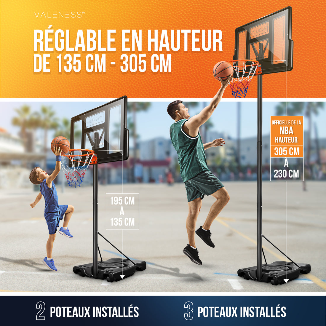 Höhenverstellung von 135 bis 305 cm: Erwachsener dunkt auf offizieller NBA-Höhe von 305 cm, Kind spielt auf 195 cm — mit zwei oder drei installierten Stangen