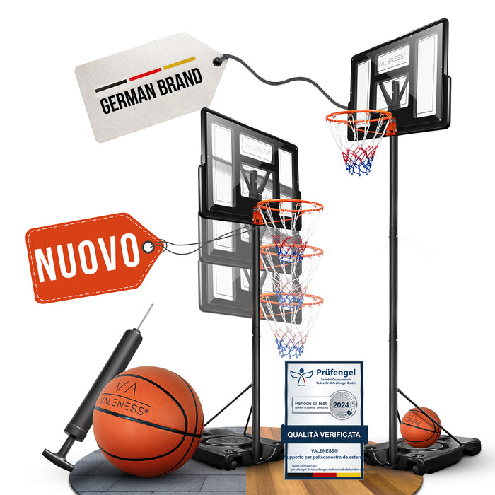 VALENESS Basketballständer Profi mit Ball und Pumpe, dargestellt in drei Höhenstufen von 135 bis 305 cm, mit Prüfsiegel Geprüfte Qualität