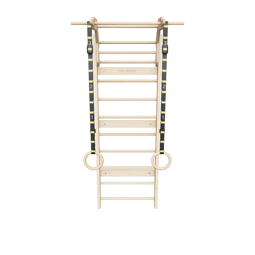 VALENESS® NEU Sprossenwand aus Holz mit Klimmzugstange, Dip-Station & 2 Turnringen – höhenverstellbar, für Erwachsene & Kinder – Kletterwand Indoor fürs Kinderzimmer & Home Gym, bis 150 kg