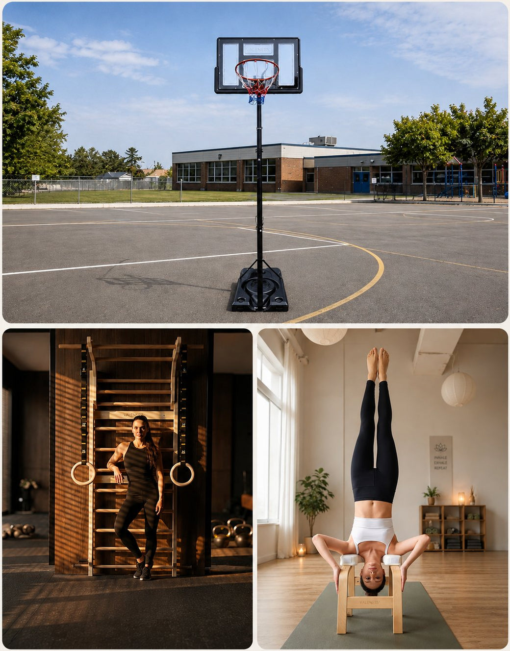 VALENESS Sportgeräte im Einsatz: Basketballständer auf dem Schulhof, Sprossenwand im Studio, Yoga-Kopfstandhocker im Kursraum