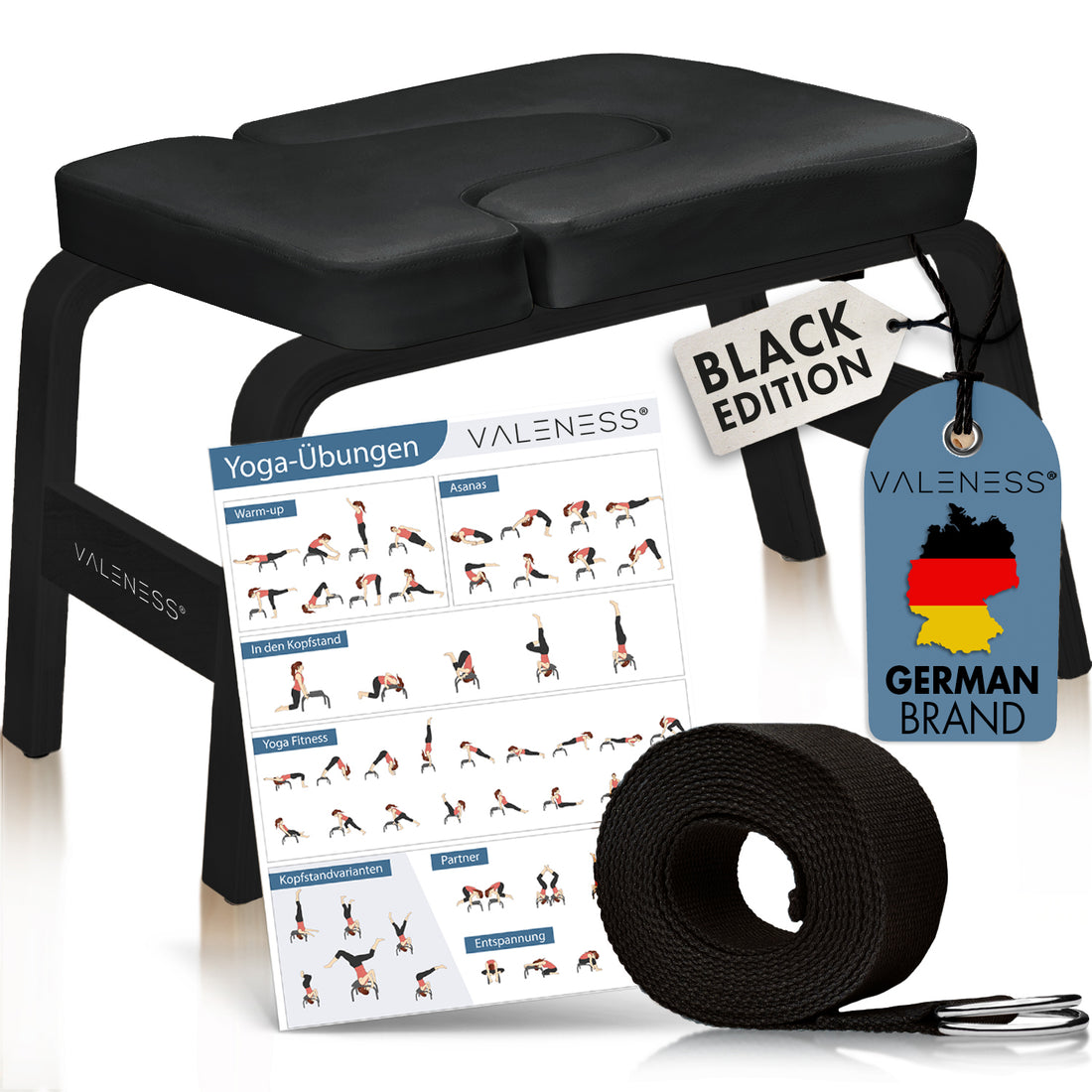 VALENESS Yoga-Kopfstandhocker Black Edition mit dunklem Gestell und schwarzer Polsterung, Yogagurt und Übungsposter