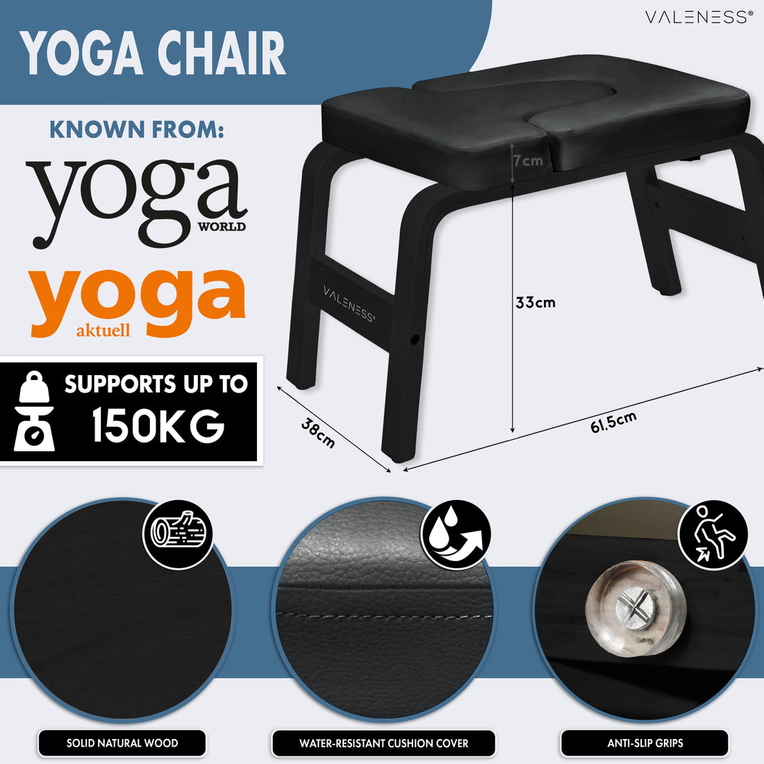 Maße des Yoga-Kopfstandhockers: 61,5 cm lang, 36 cm breit, 33 cm hoch, Polster 7 cm stark, belastbar bis 150 kg — massives Naturholz, wasserfester Polsterbezug in Schwarz und Anti-Rutsch-Noppen