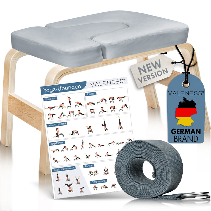 VALENESS Yoga-Kopfstandhocker aus Naturholz mit grauem Textilbezug, Yogagurt und Übungsposter